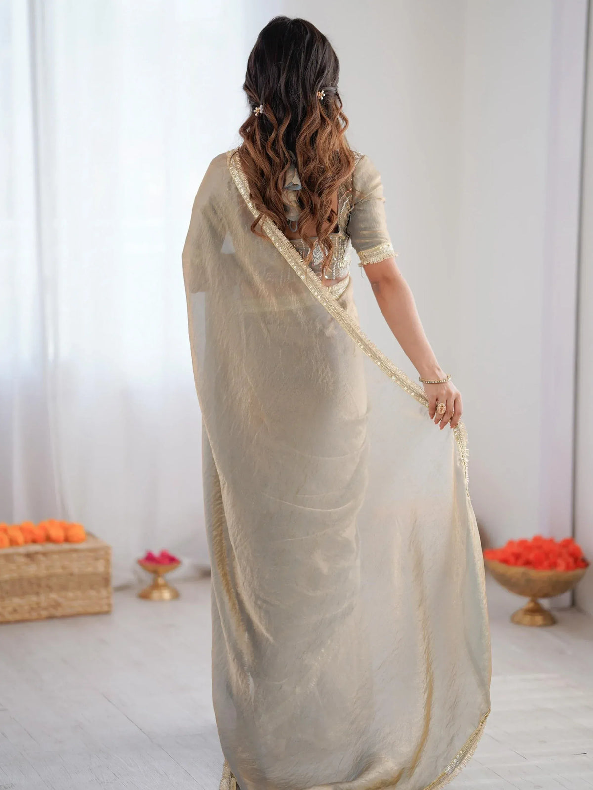 Stylish Gray Bead Work Silk Function Wear Saree With Blouse