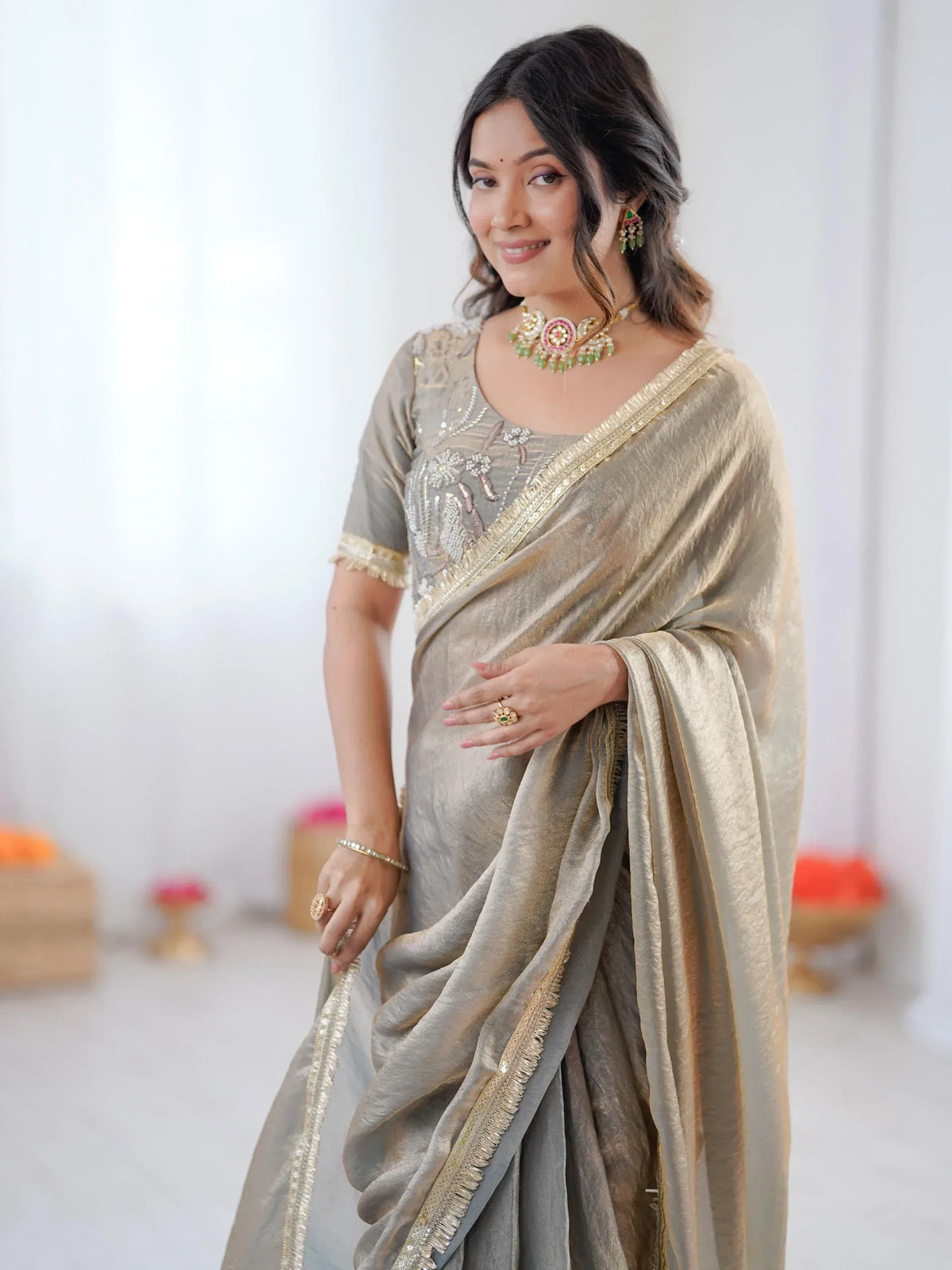 Stylish Gray Bead Work Silk Function Wear Saree With Blouse