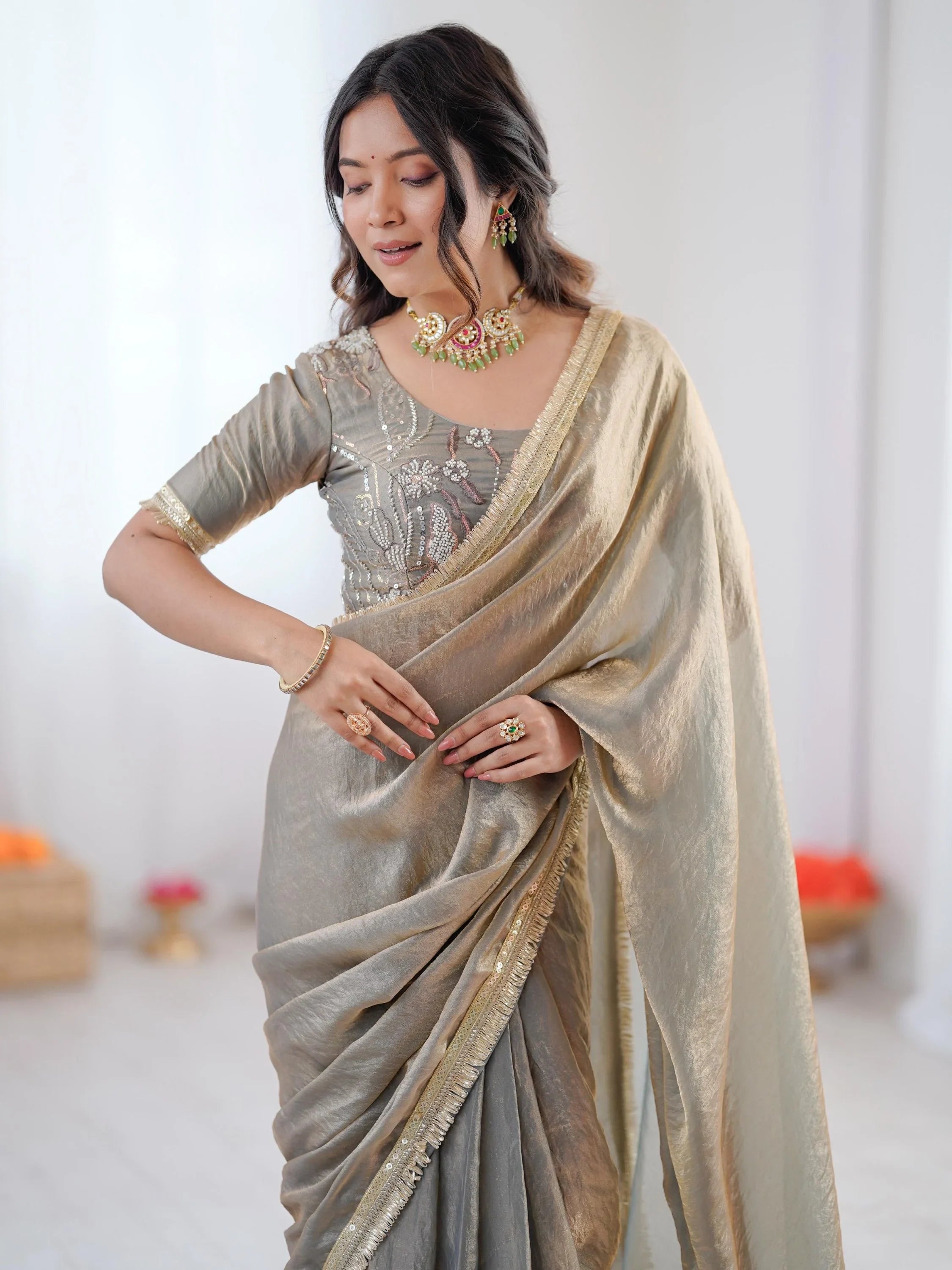 Stylish Gray Bead Work Silk Function Wear Saree With Blouse