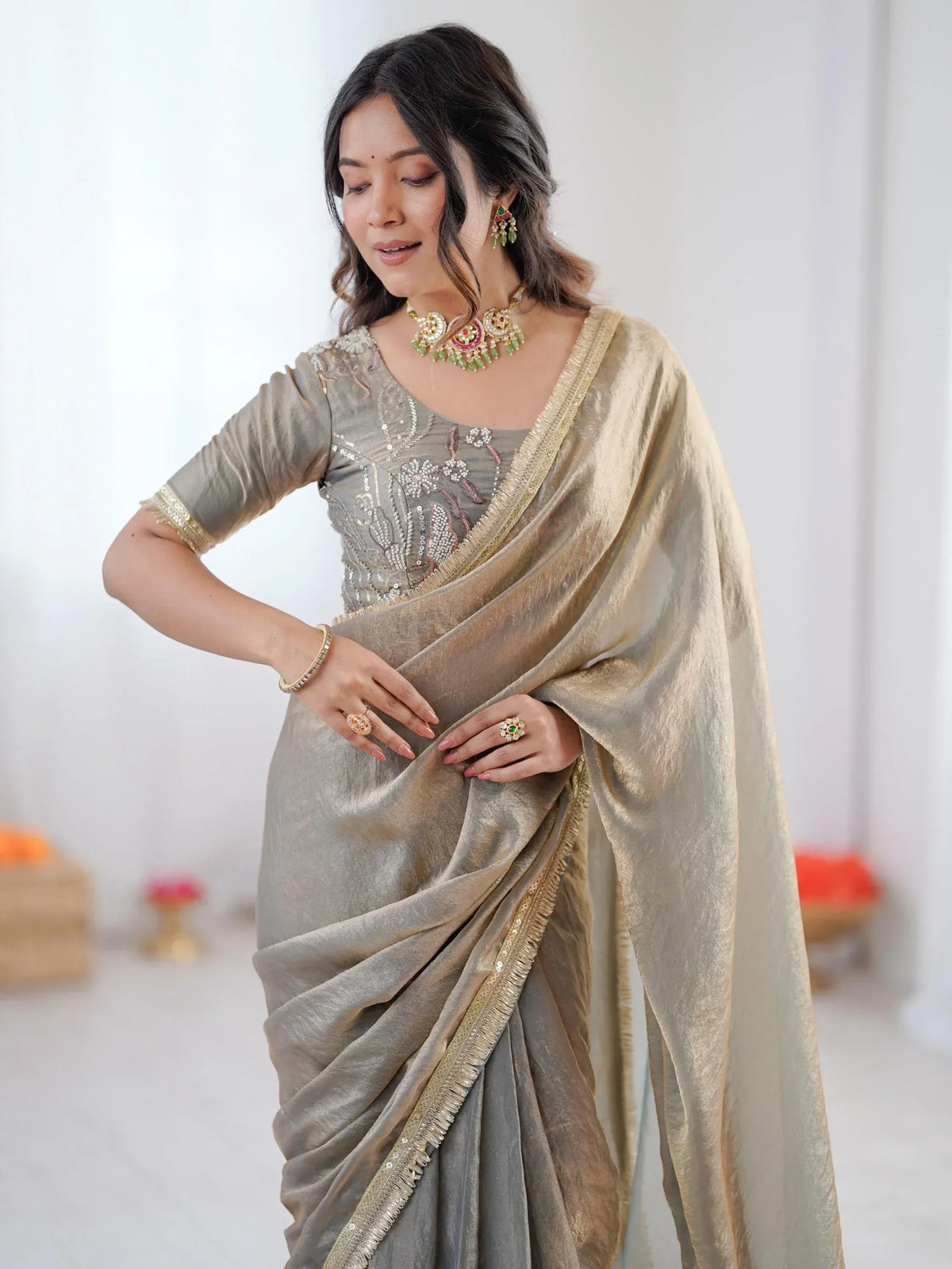 Stylish Gray Bead Work Silk Function Wear Saree With Blouse