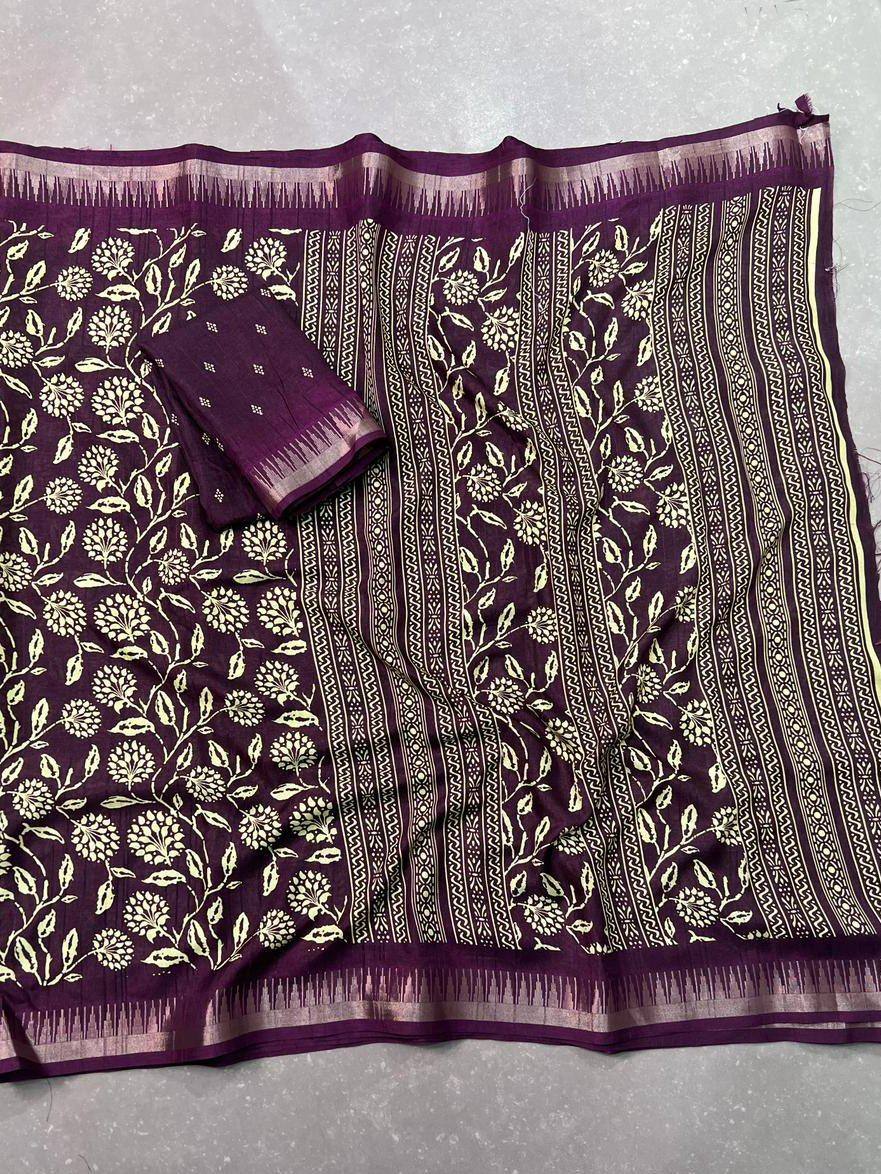 Majestic Wine Floral Printed Silk Casual Wear Saree With Blouse