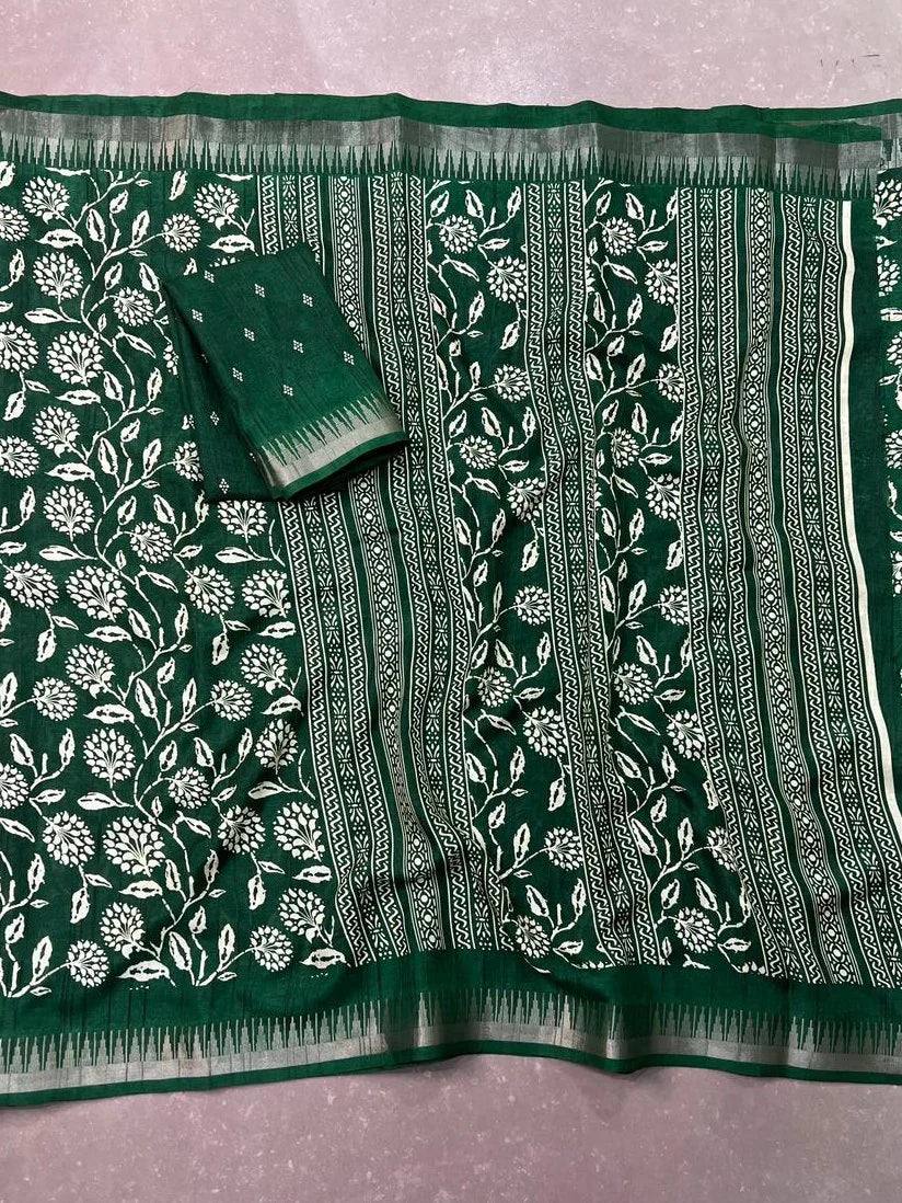 Fantastic Green Flower Print Silk Mehendi Wear Saree With Blouse