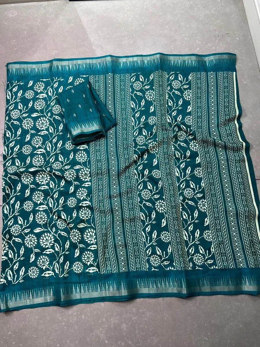 Rich Teal Green Zari Border Silk Festive Wear Saree With Blouse