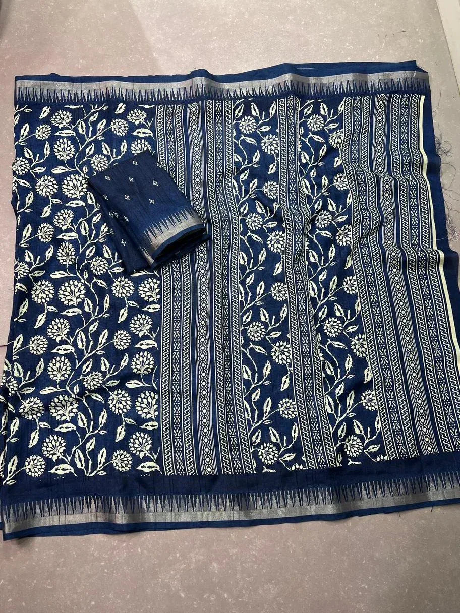 Classy Navy Blue Floral Printed Silk Office Wear Saree With Blouse