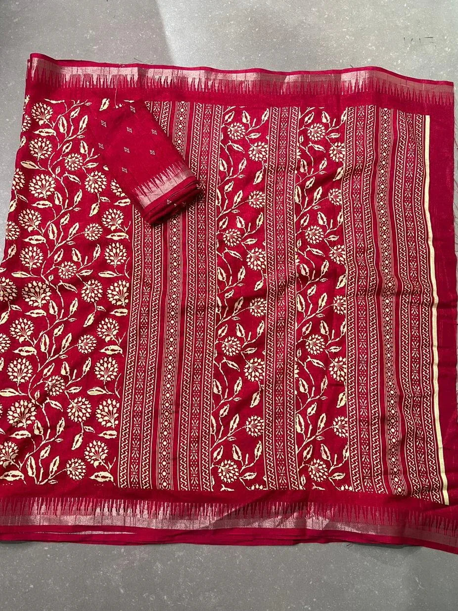 Lovable Red Zari Border Silk Festive Wear Saree With Blouse