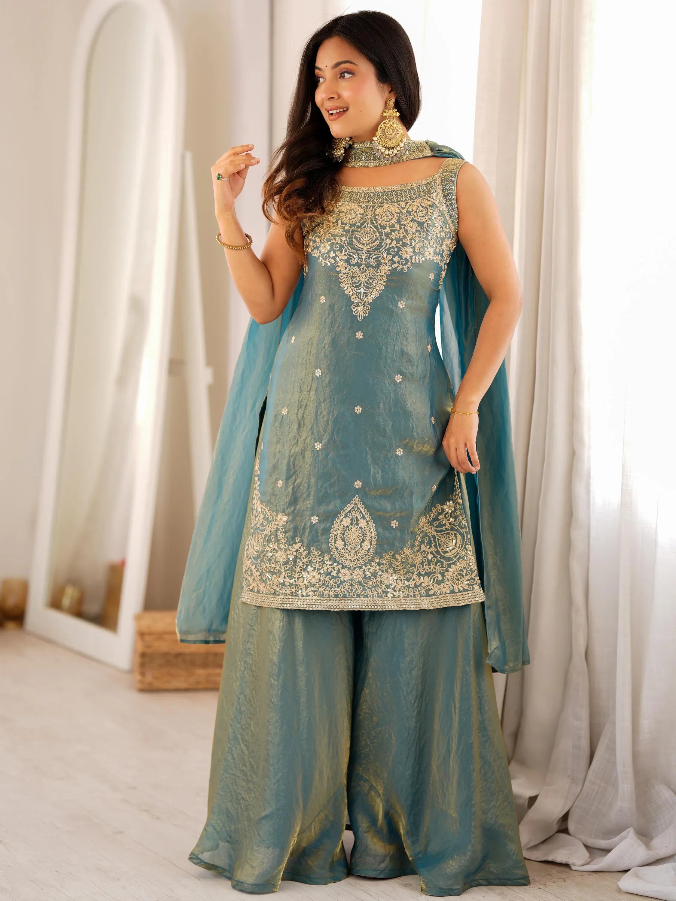 Magnetic Teal Green Sequins Silk Wedding Wear Sharara Suit
