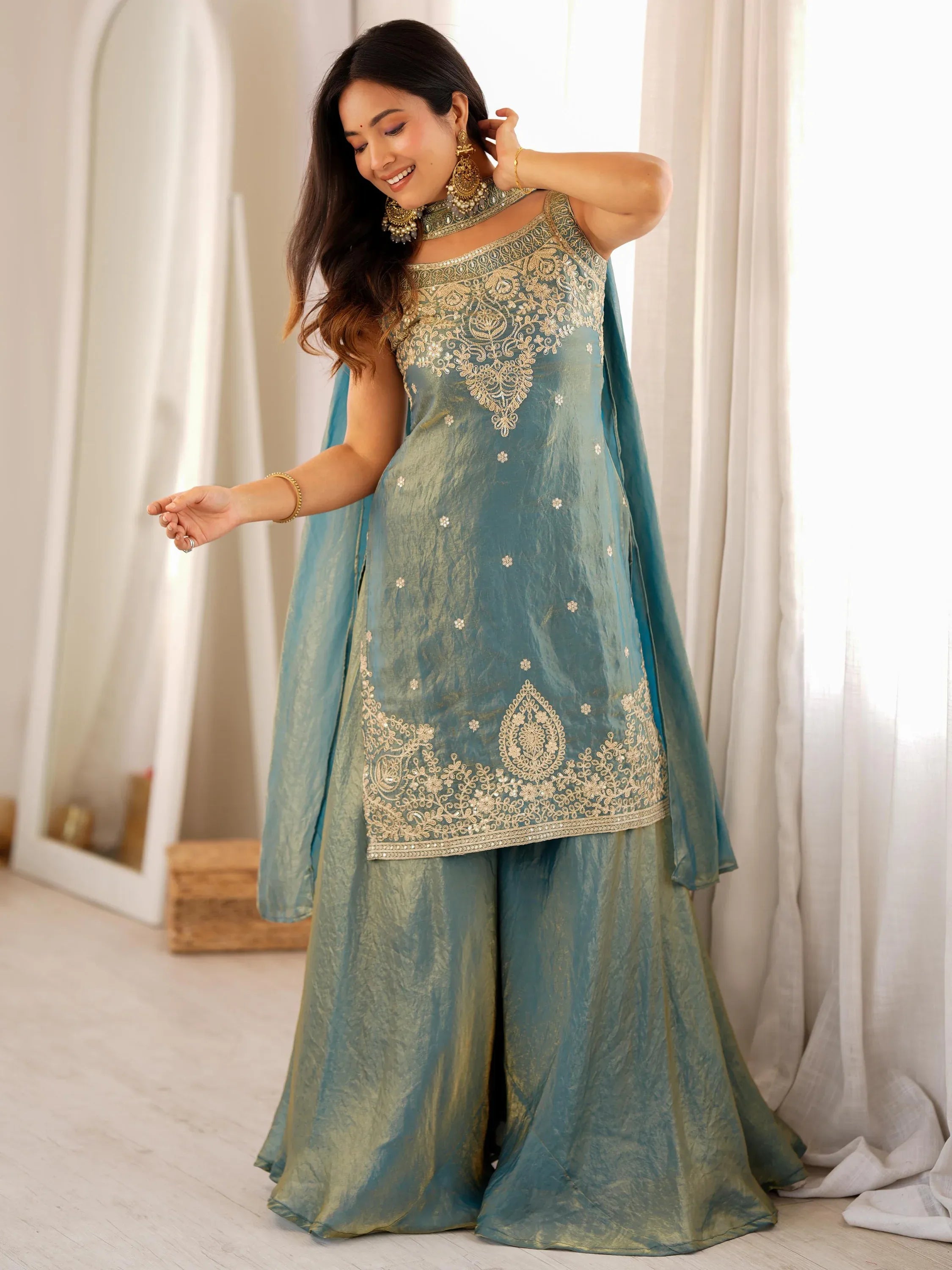 Magnetic Teal Green Sequins Silk Wedding Wear Sharara Suit
