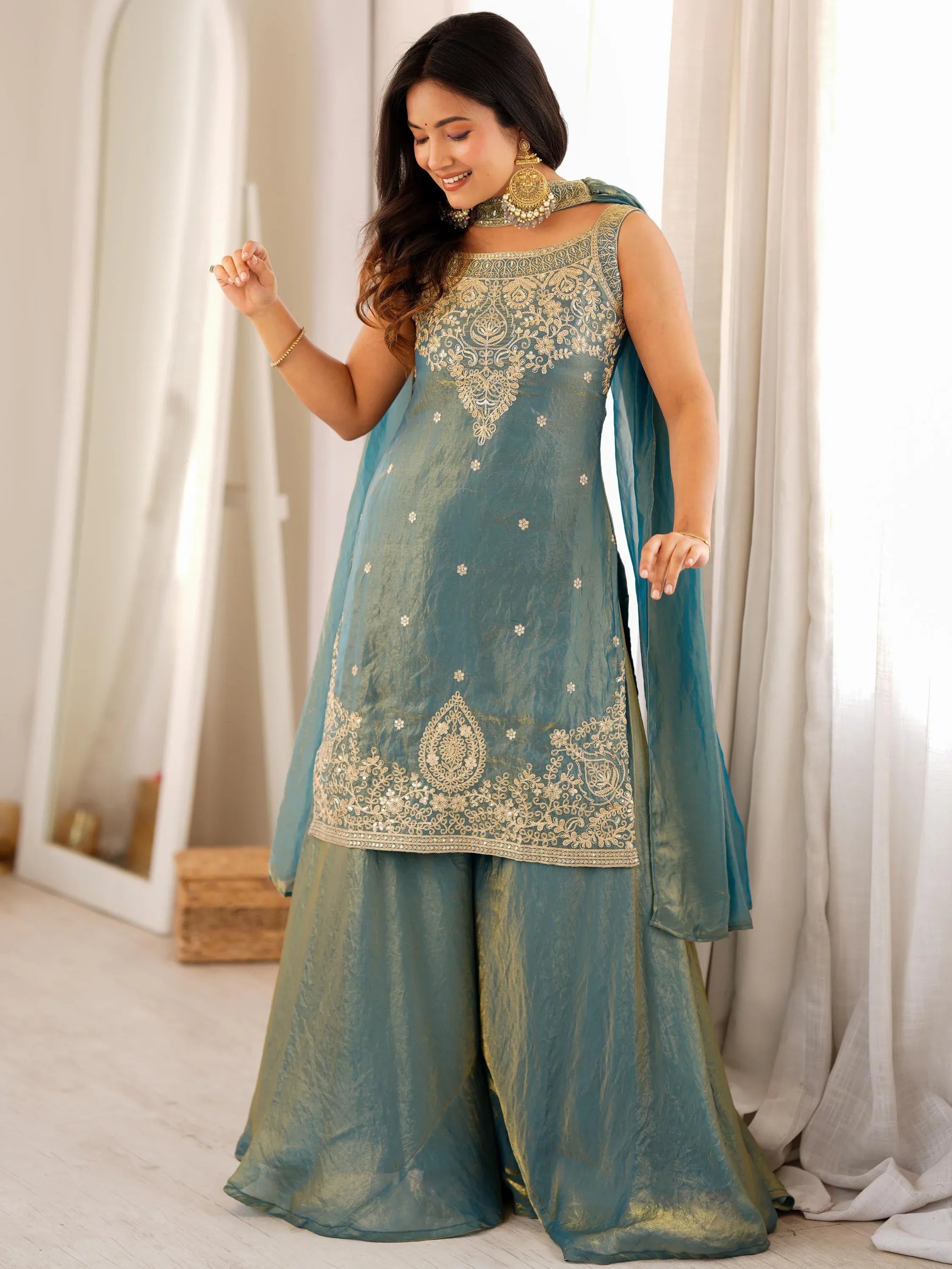 Magnetic Teal Green Sequins Silk Wedding Wear Sharara Suit