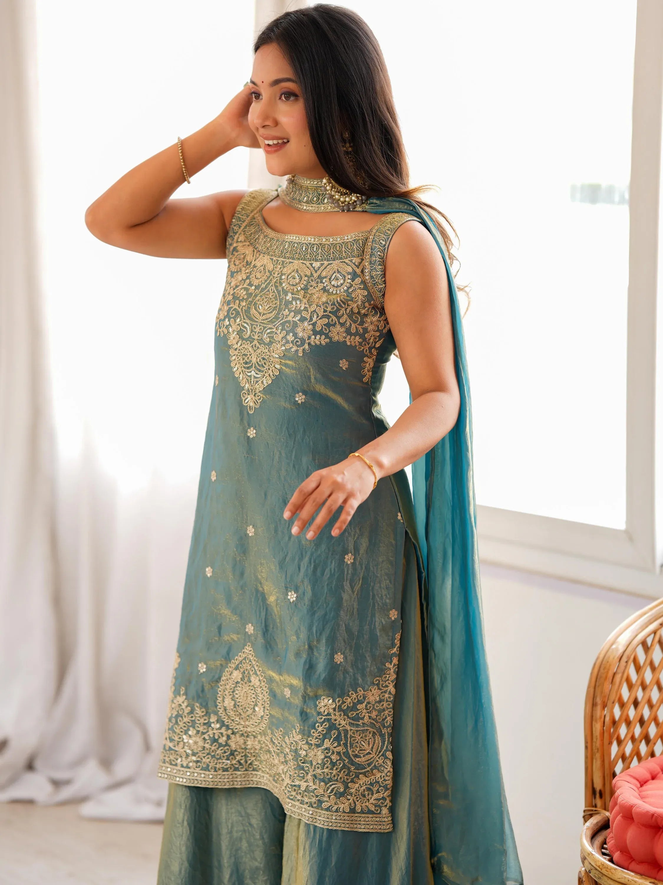 Magnetic Teal Green Sequins Silk Wedding Wear Sharara Suit