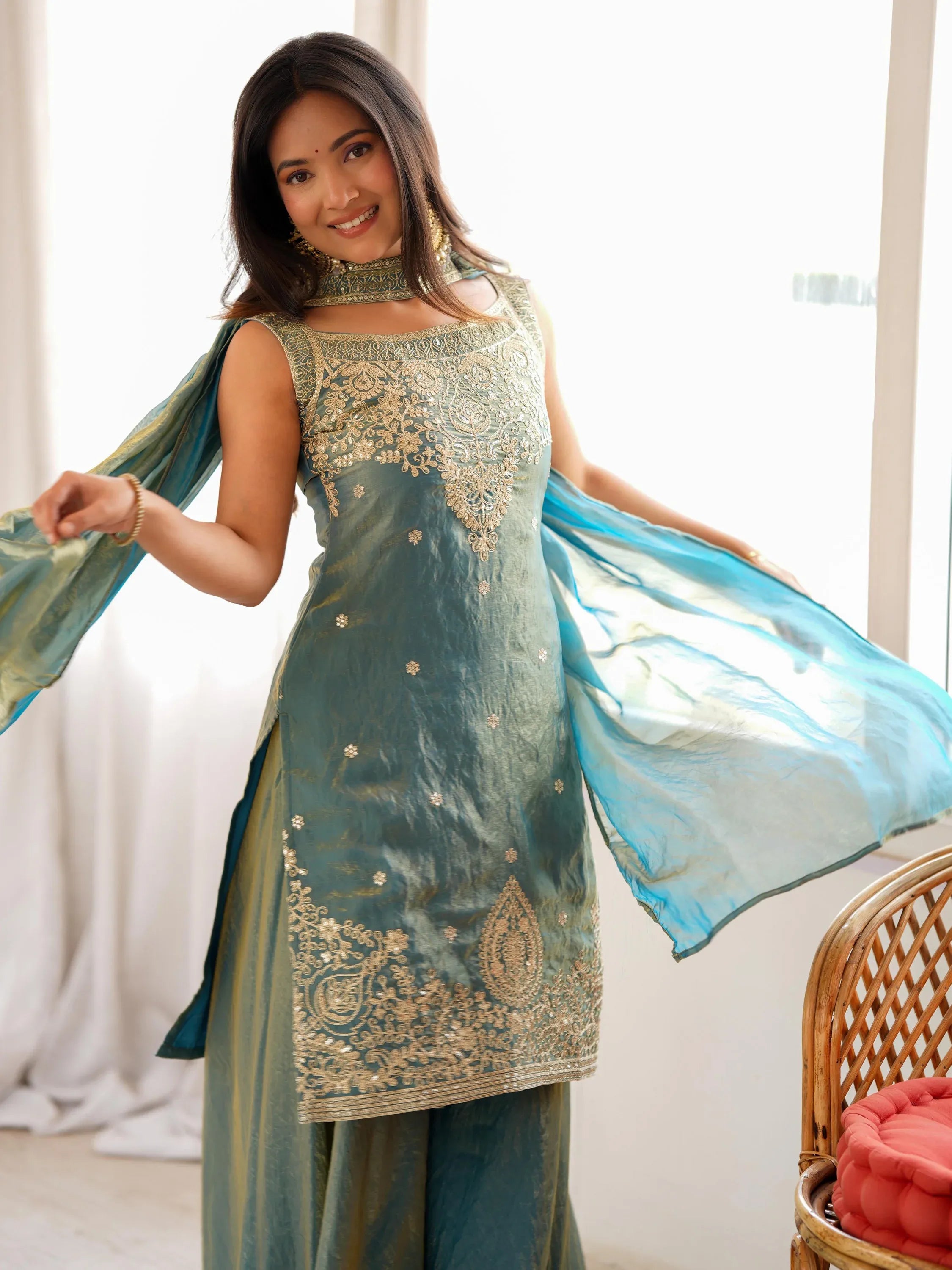 Magnetic Teal Green Sequins Silk Wedding Wear Sharara Suit