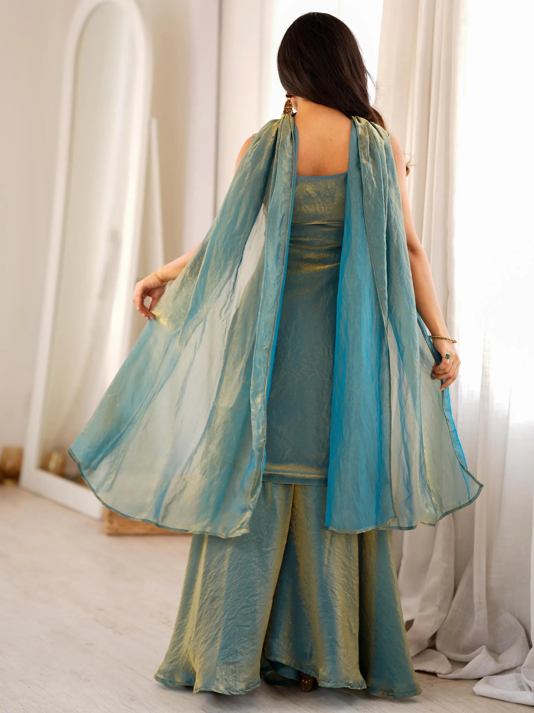 Magnetic Teal Green Sequins Silk Wedding Wear Sharara Suit