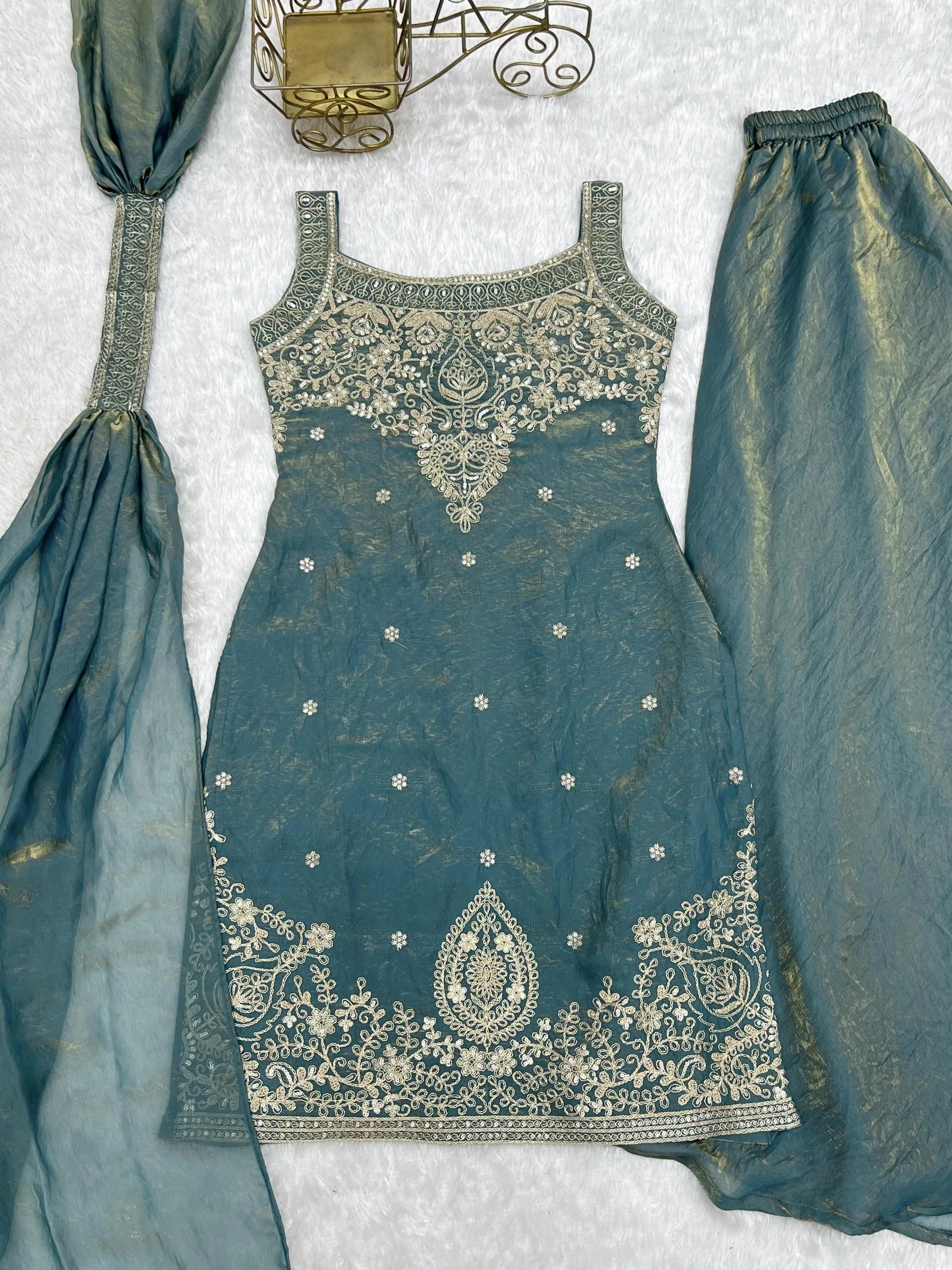 Magnetic Teal Green Sequins Silk Wedding Wear Sharara Suit