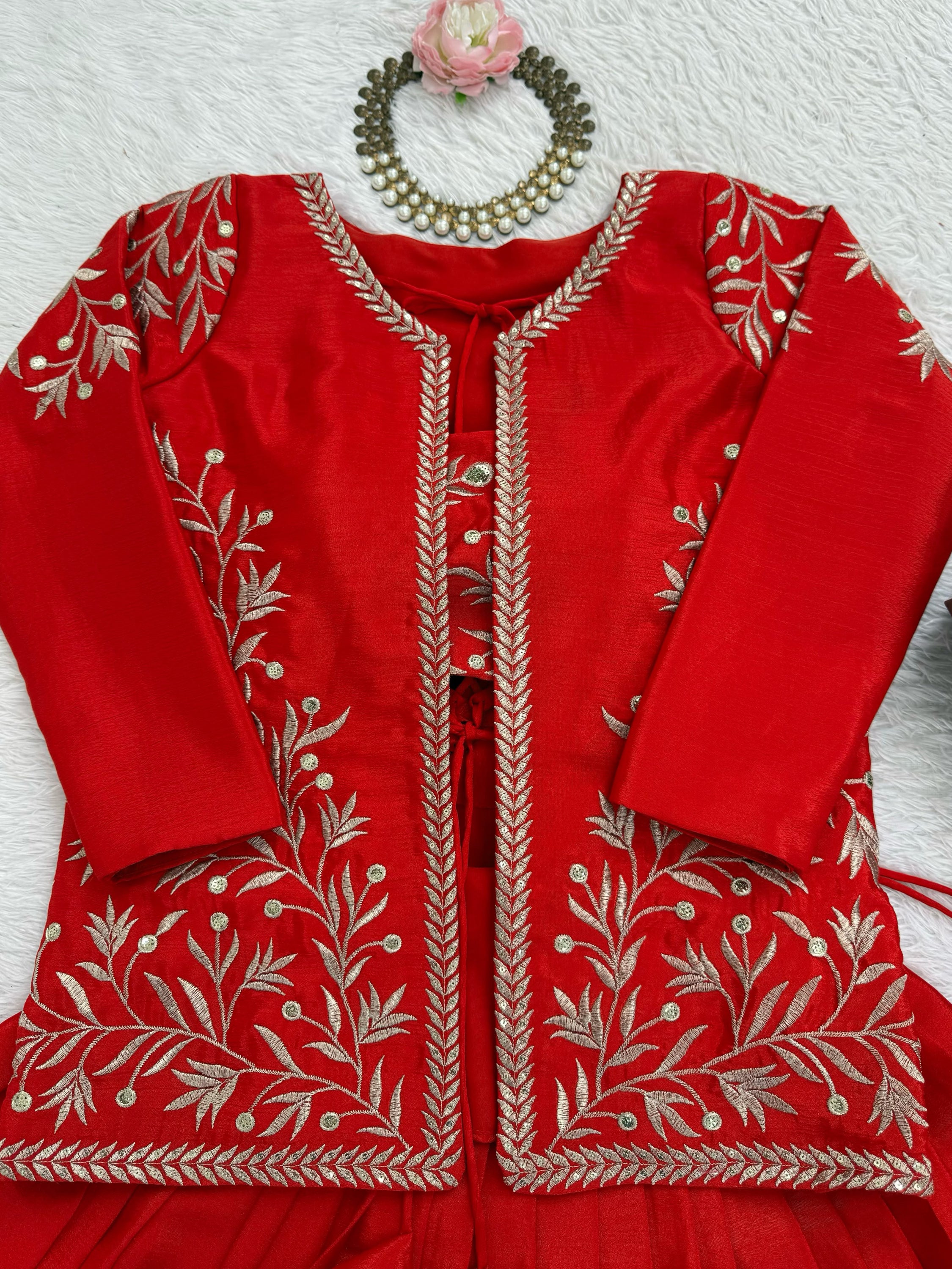 Classy Red Thread Work Chinon Function Wear Lehenga Choli With Koti