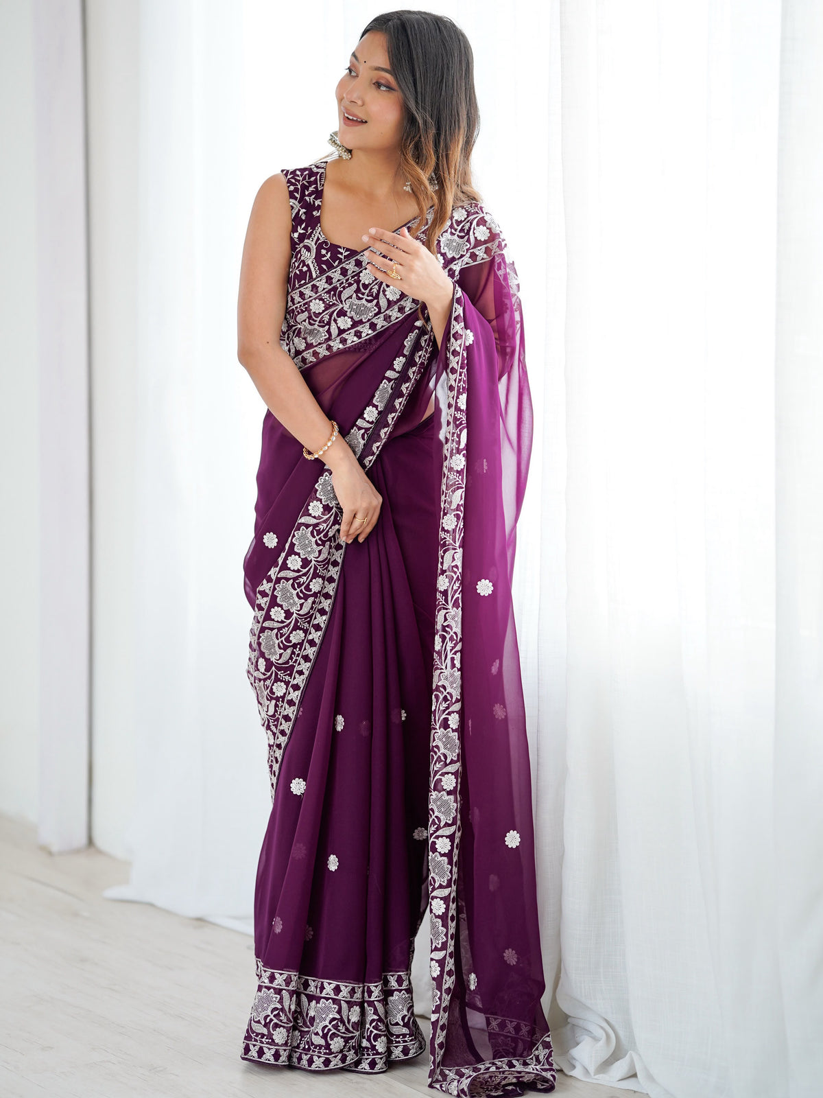 Captivating Purple Thread Work Georgette Function Wear Saree With Blouse