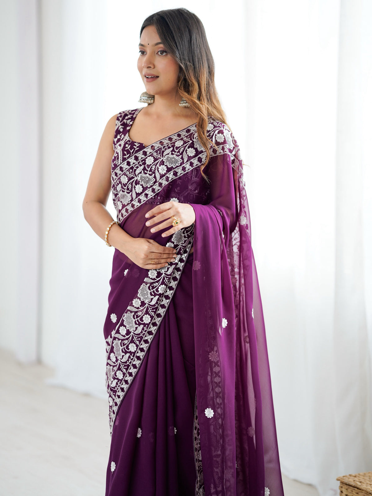 Captivating Purple Thread Work Georgette Function Wear Saree With Blouse