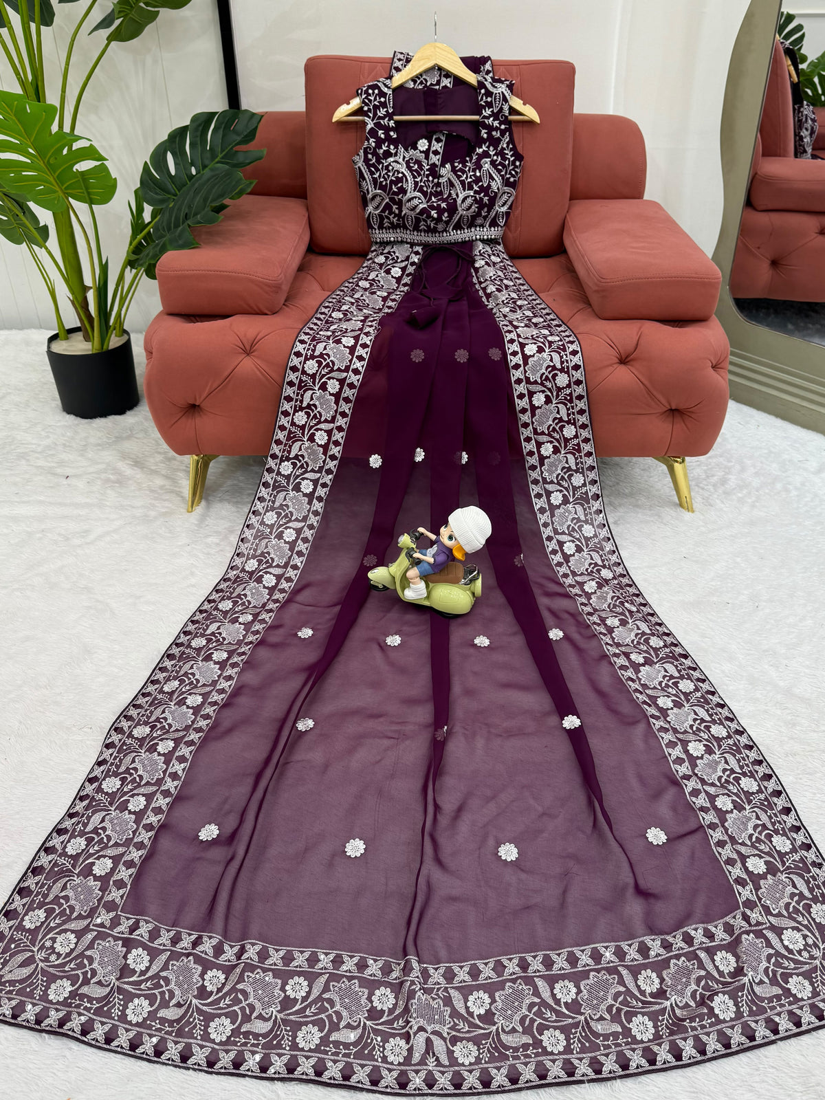 Captivating Purple Thread Work Georgette Function Wear Saree With Blouse