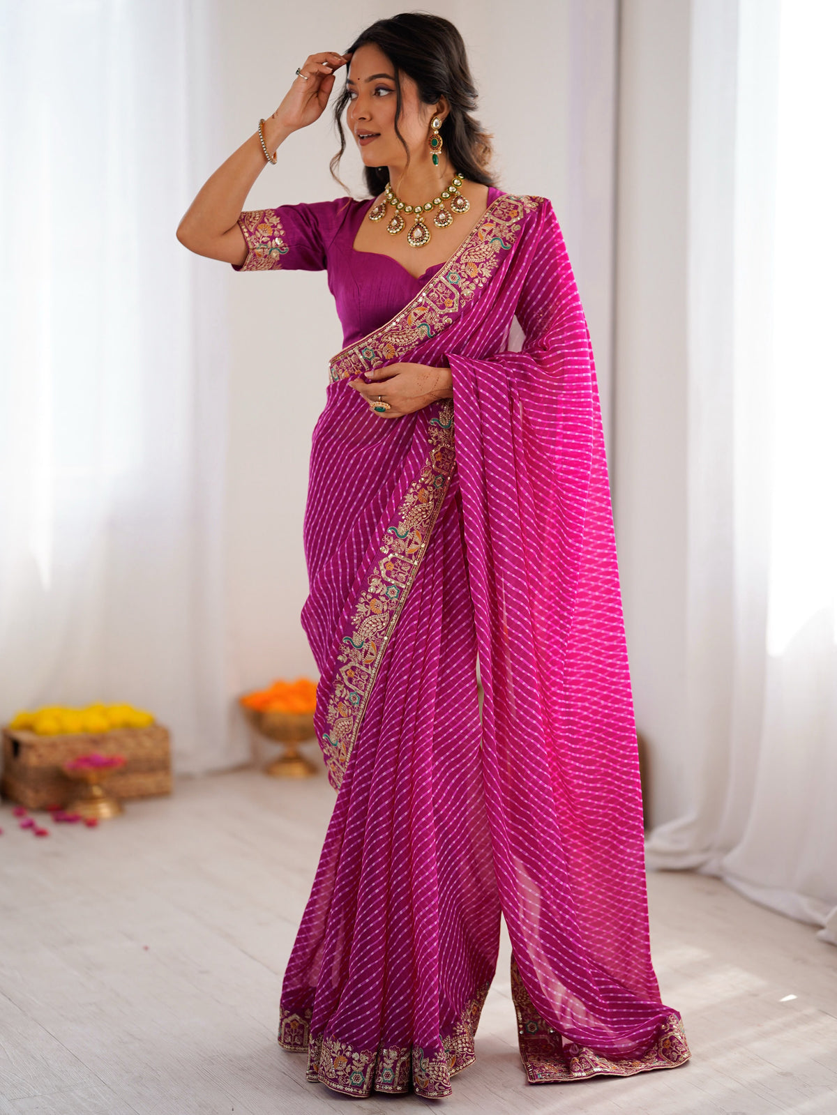 Pretty Pink Leheriya Printed Georgette Wedding Wear Saree With Blouse