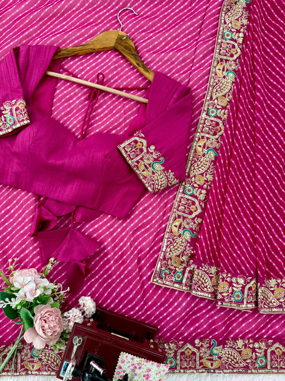 Pretty Pink Leheriya Printed Georgette Wedding Wear Saree With Blouse