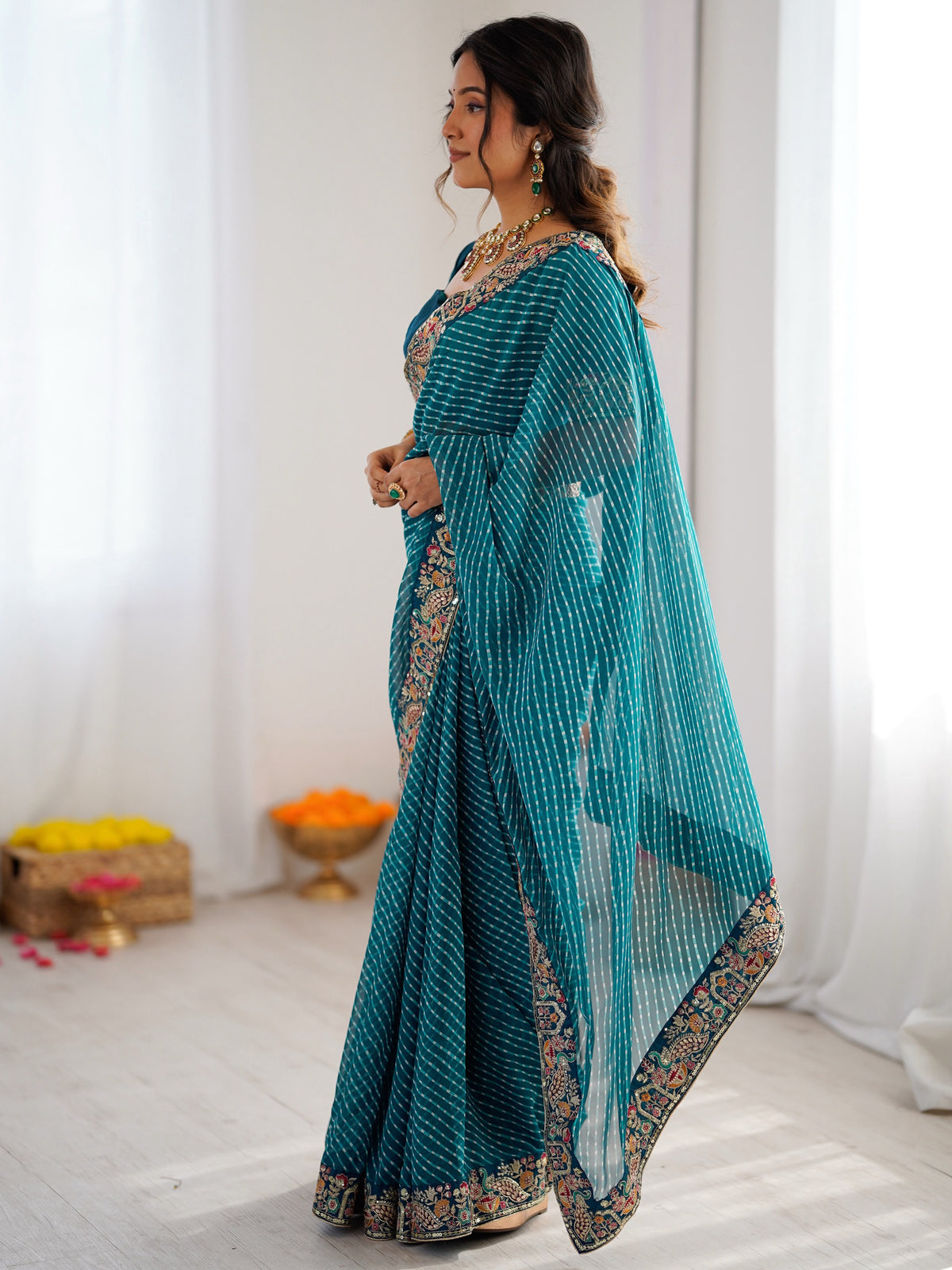 Chic Teal Blue Embroidery Bordered Georgette Event Wear Saree With Blouse