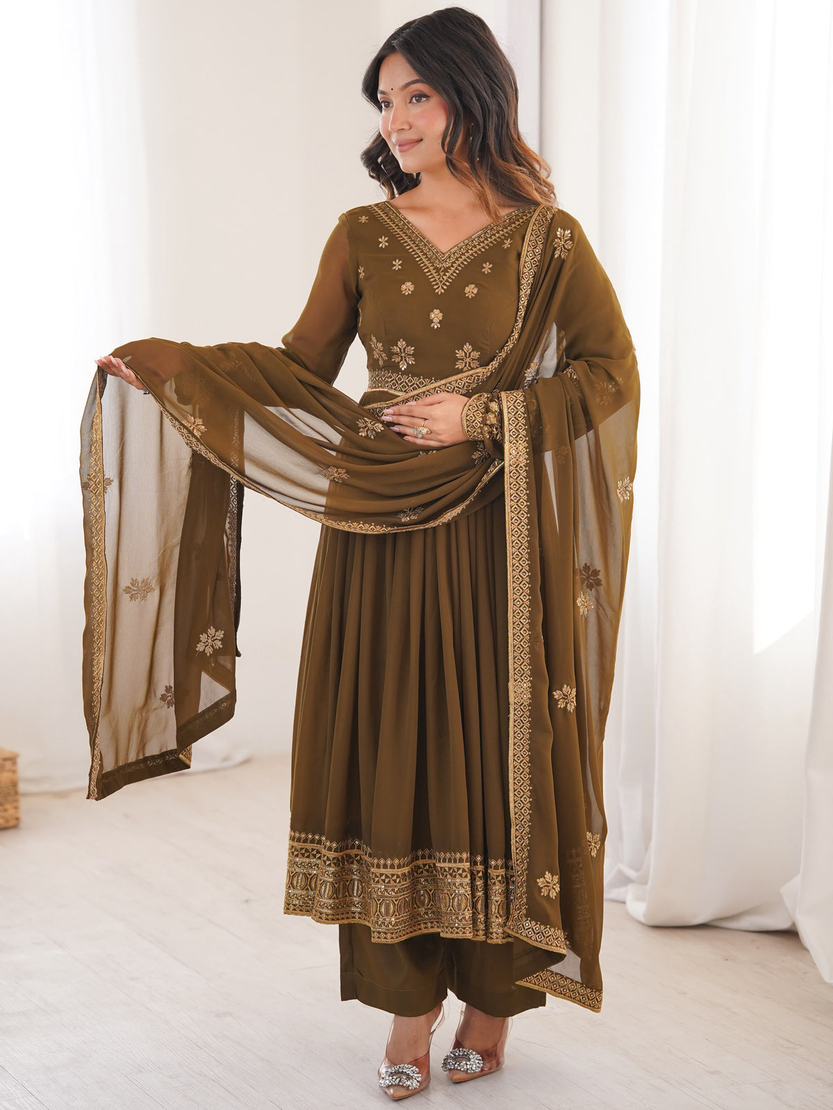 Elegant Olive Green Embroidered Georgette Mehendi Wear Anarkali Suit