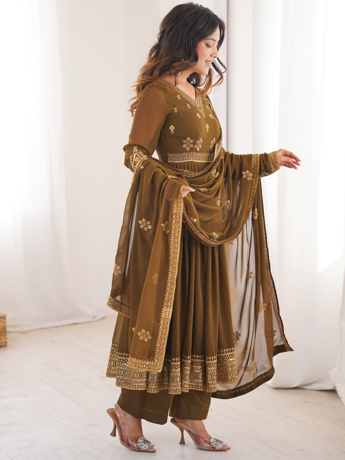 Elegant Olive Green Embroidered Georgette Mehendi Wear Anarkali Suit
