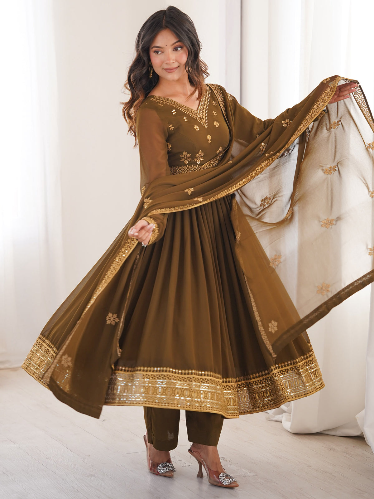 Elegant Olive Green Embroidered Georgette Mehendi Wear Anarkali Suit