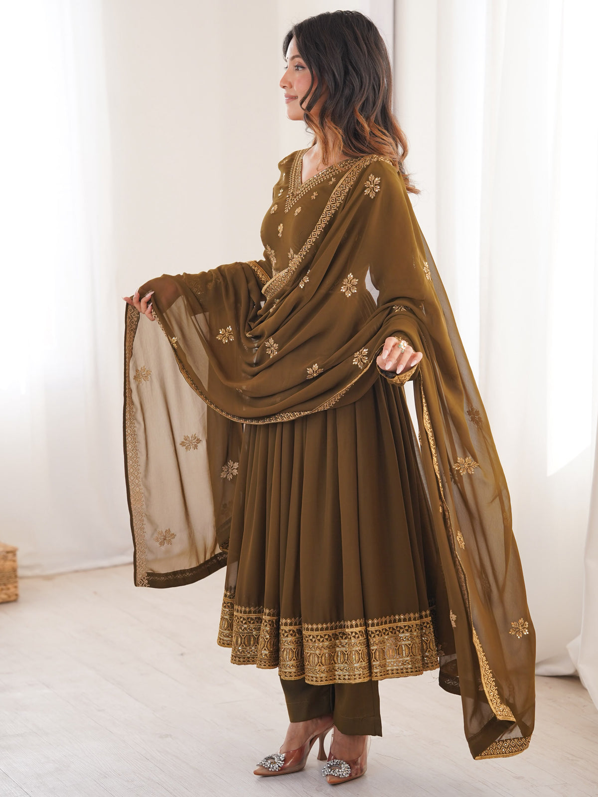 Elegant Olive Green Embroidered Georgette Mehendi Wear Anarkali Suit