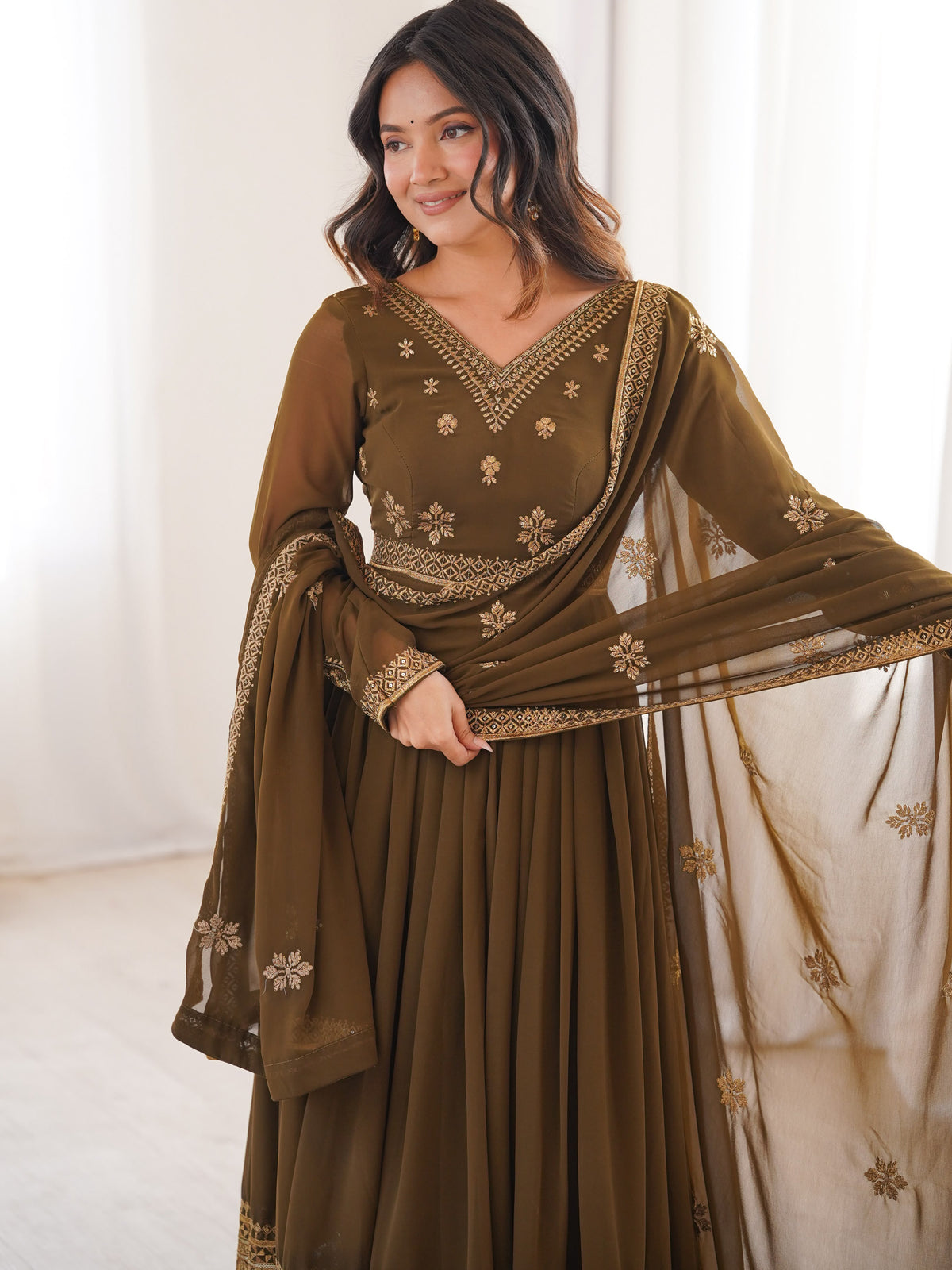 Elegant Olive Green Embroidered Georgette Mehendi Wear Anarkali Suit