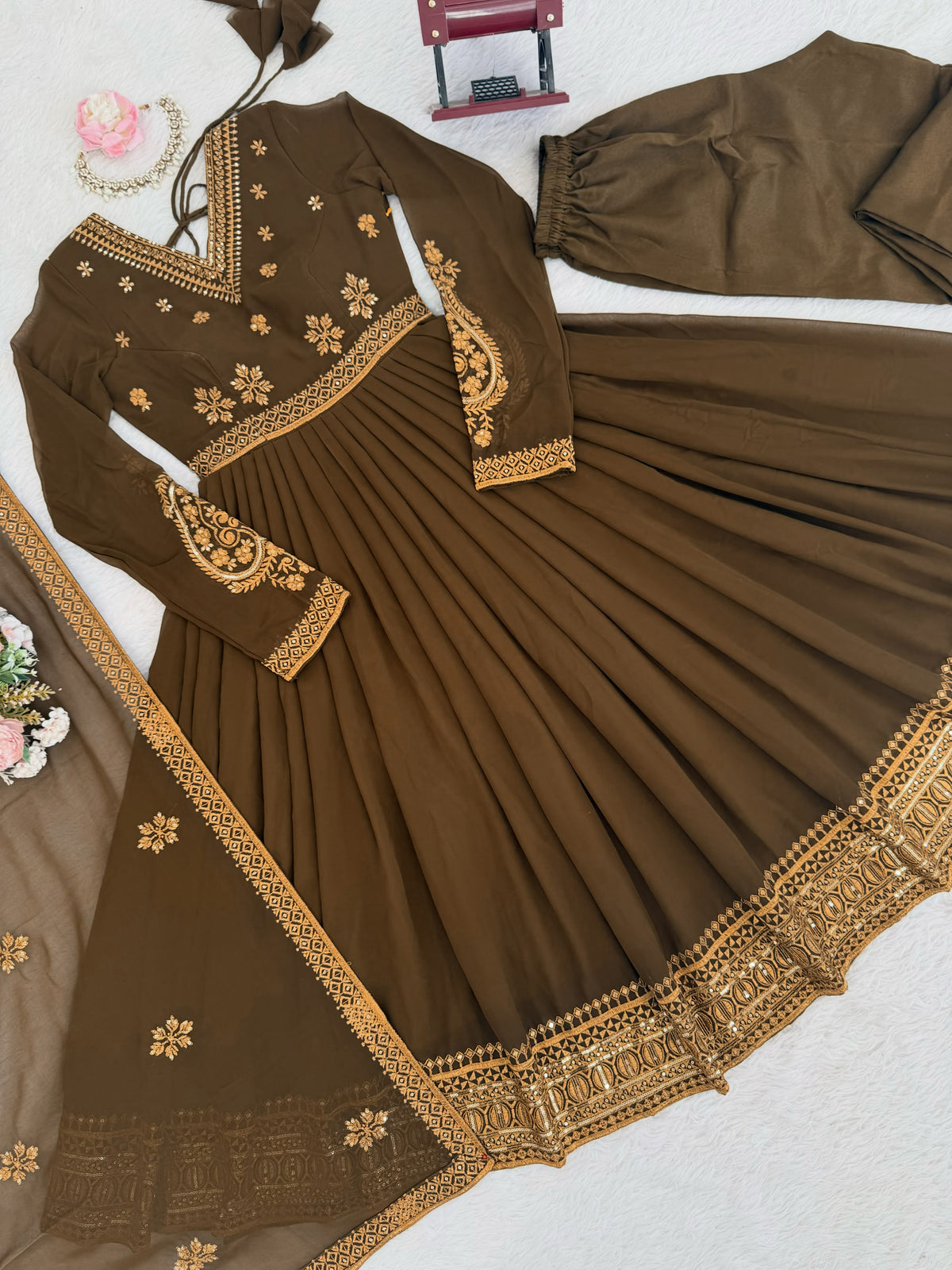 Elegant Olive Green Embroidered Georgette Mehendi Wear Anarkali Suit