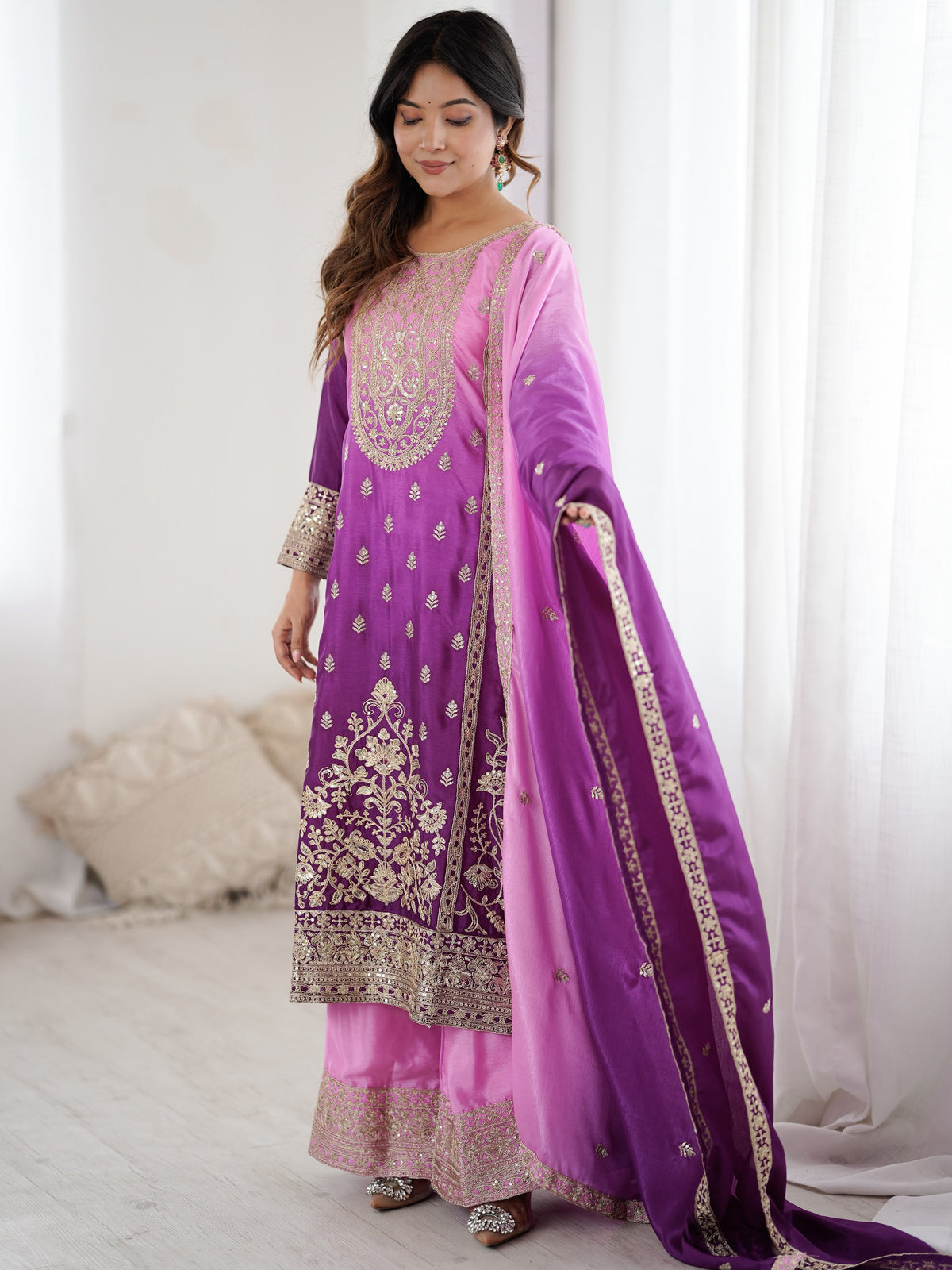 Magnificent Lavender Coding Work Chinon Festive Wear Palazzo Suit