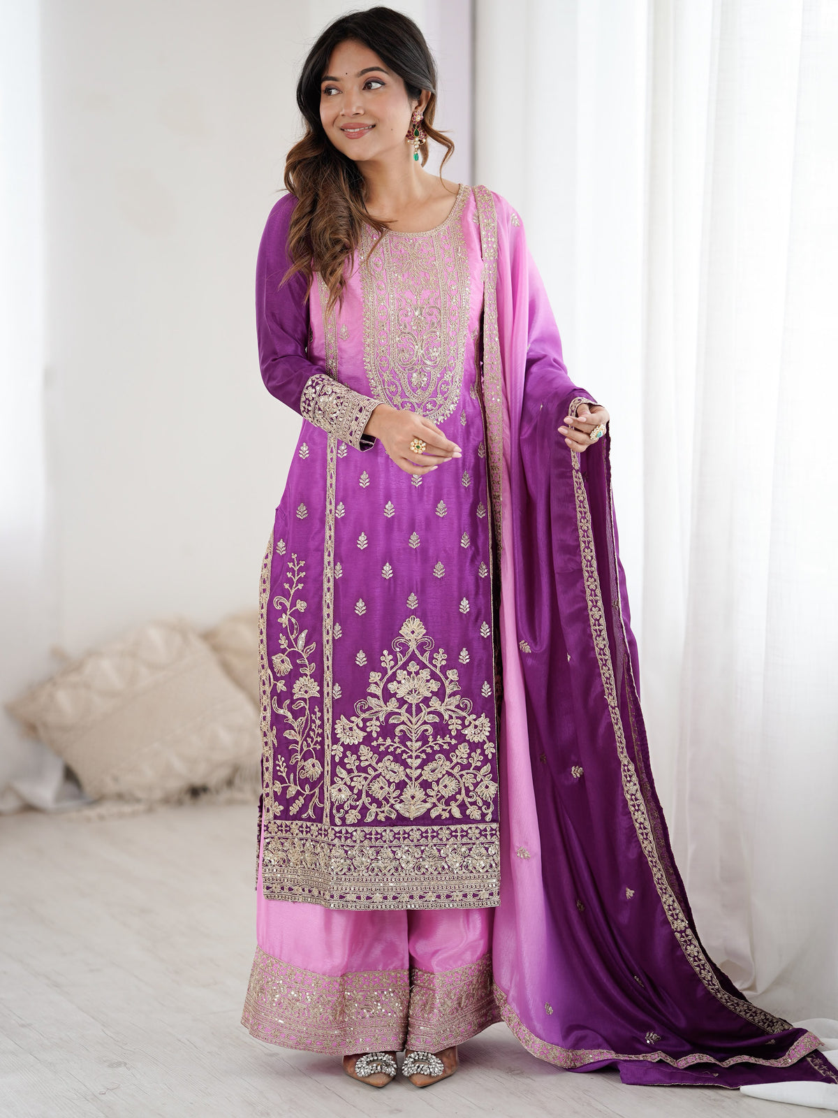 Magnificent Lavender Coding Work Chinon Festive Wear Palazzo Suit