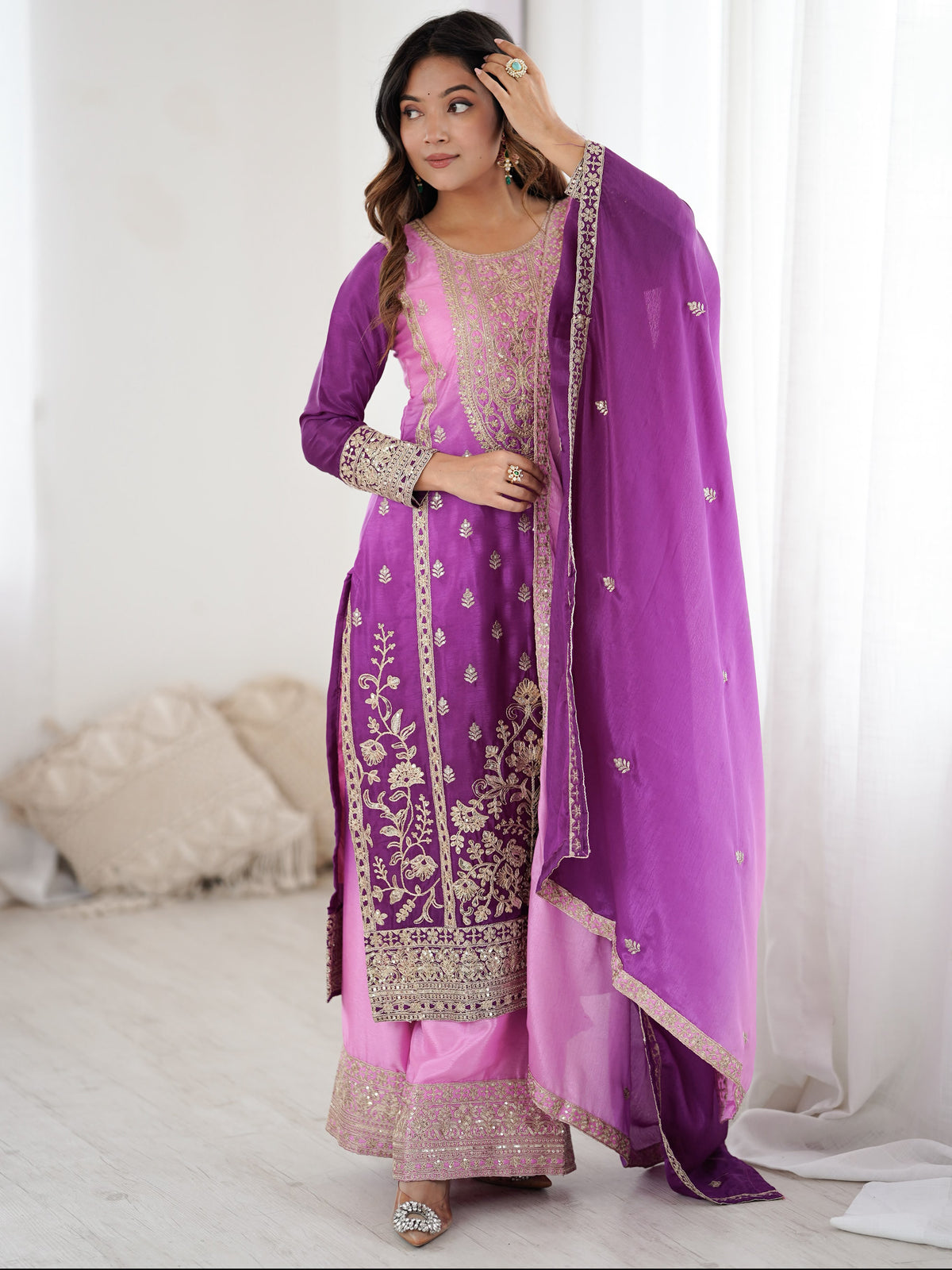 Magnificent Lavender Coding Work Chinon Festive Wear Palazzo Suit