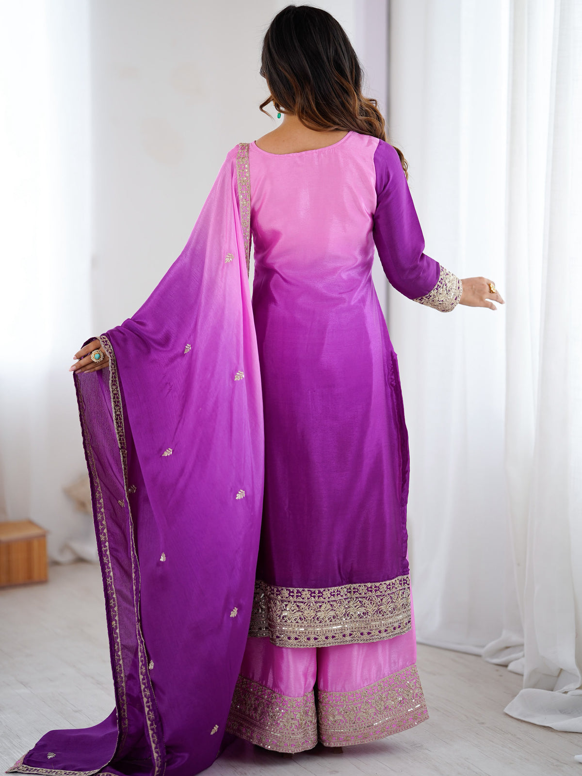 Magnificent Lavender Coding Work Chinon Festive Wear Palazzo Suit