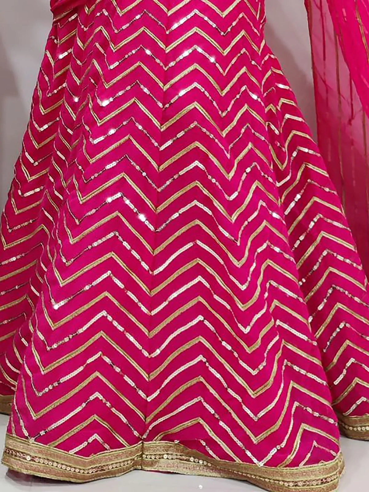 Fuchsia lehenga with gold zigzag embroidery and sequins, Indian ethnic wear