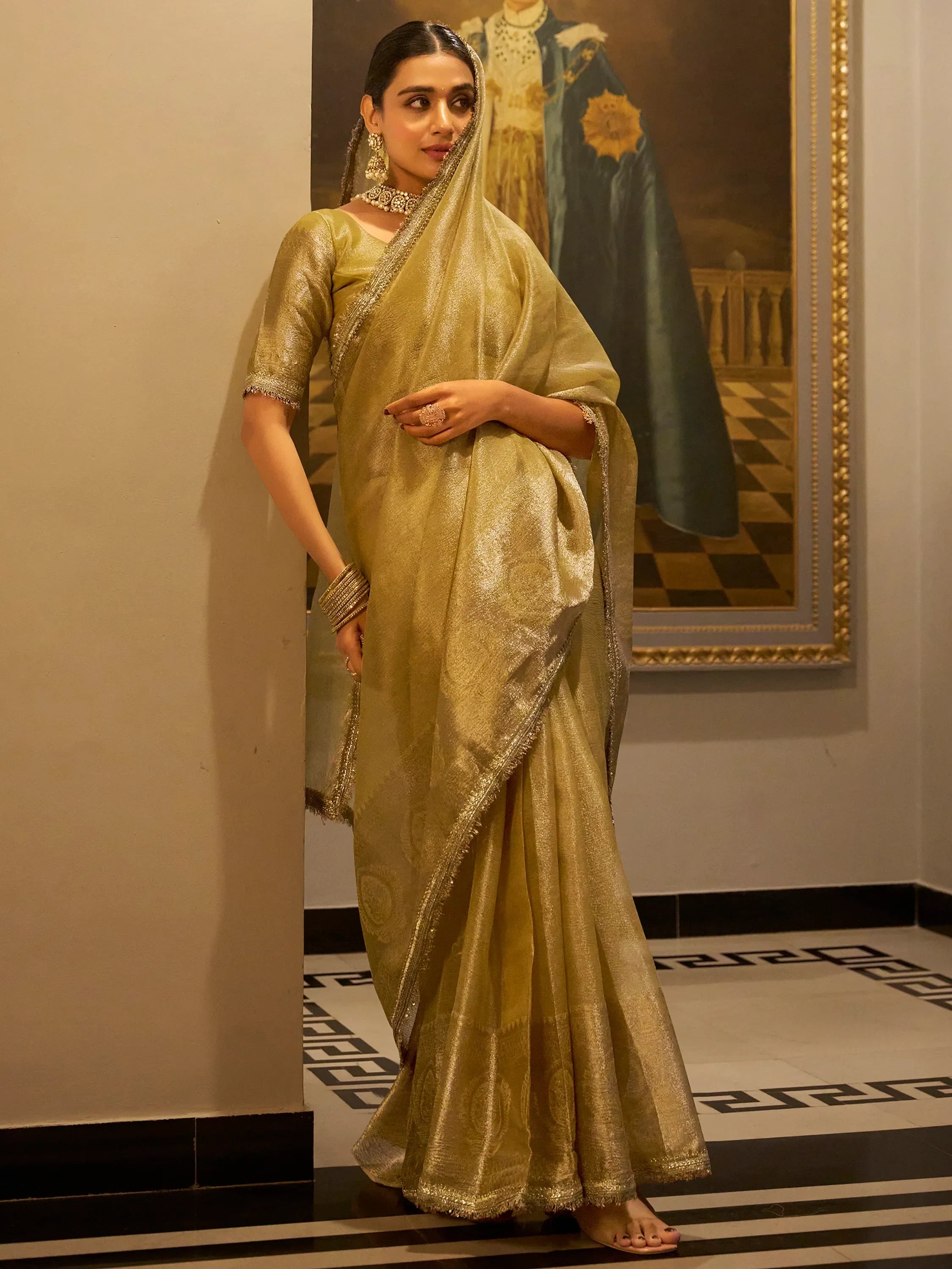 Adorable Golden Zari Weaving Tissue Silk Traditional Saree With Blouse