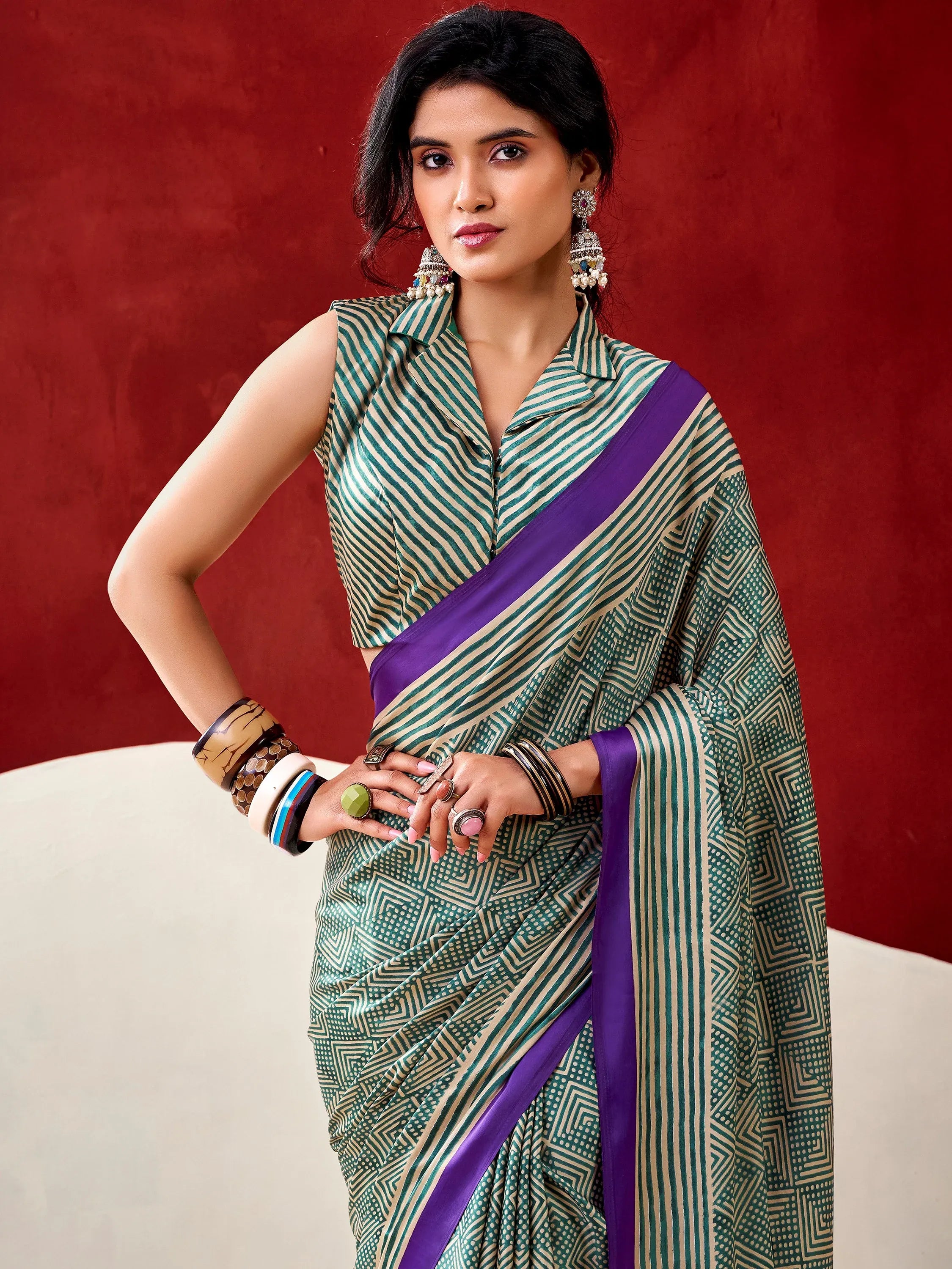 Stylish Bottle Green Digital Printed Satin Casual Wear Saree With Blouse