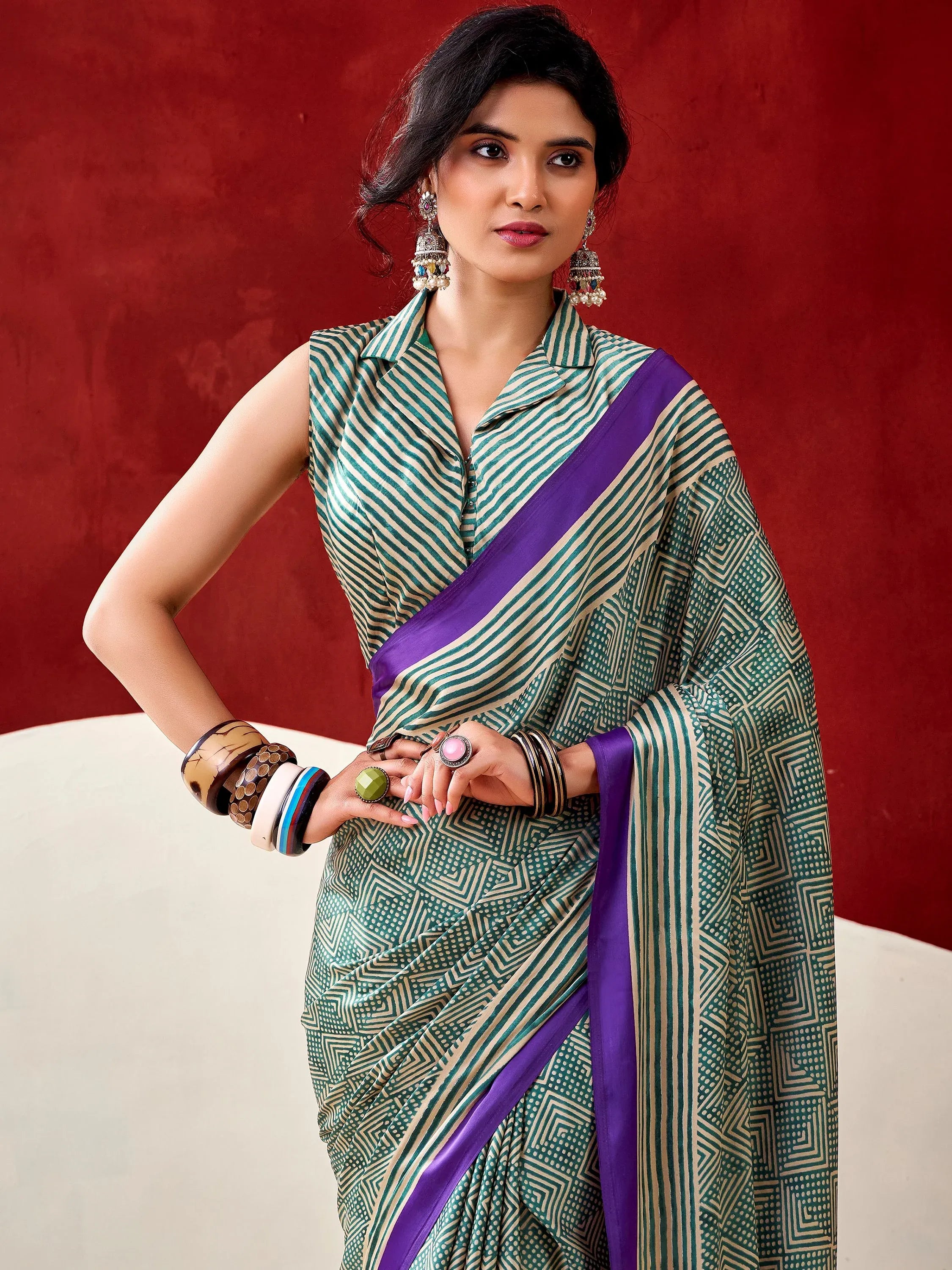 Stylish Bottle Green Digital Printed Satin Casual Wear Saree With Blouse