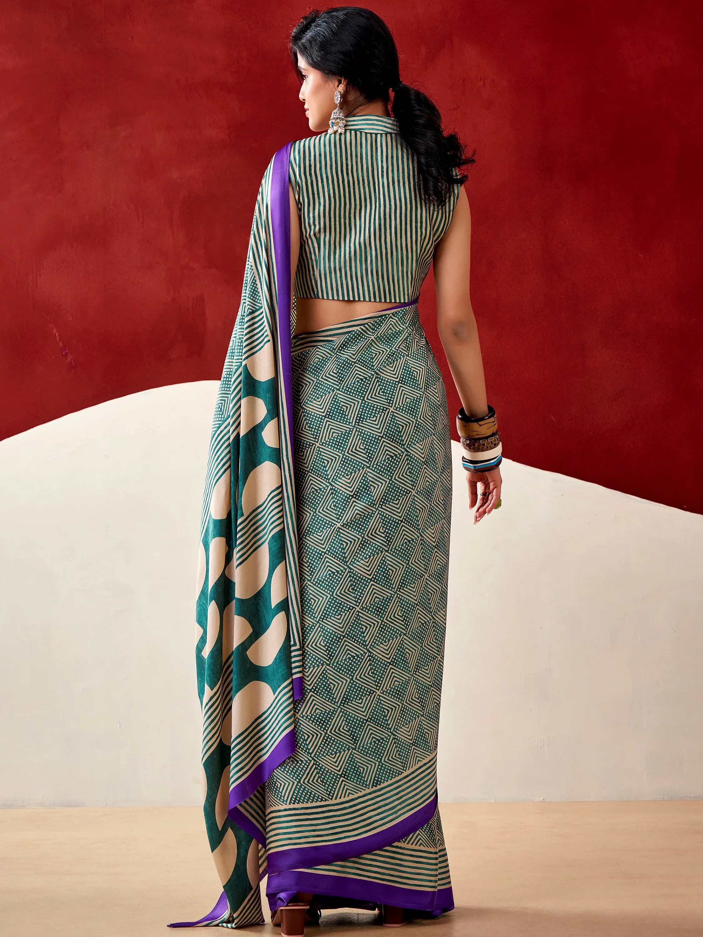 Stylish Bottle Green Digital Printed Satin Casual Wear Saree With Blouse