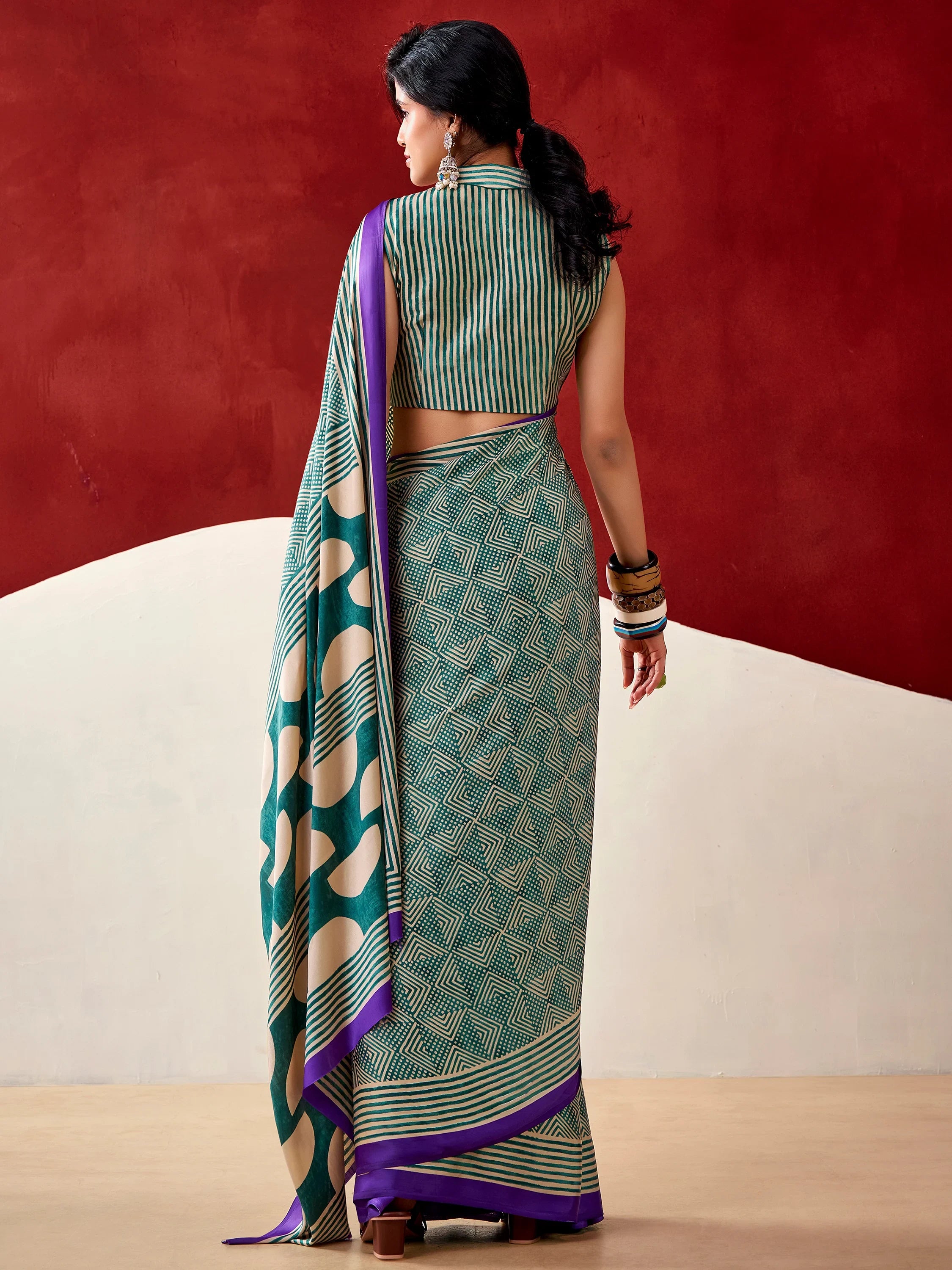 Stylish Bottle Green Digital Printed Satin Casual Wear Saree With Blouse