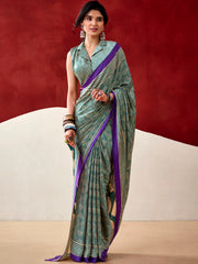 Stylish Bottle Green Digital Printed Satin Casual Wear Saree With Blouse