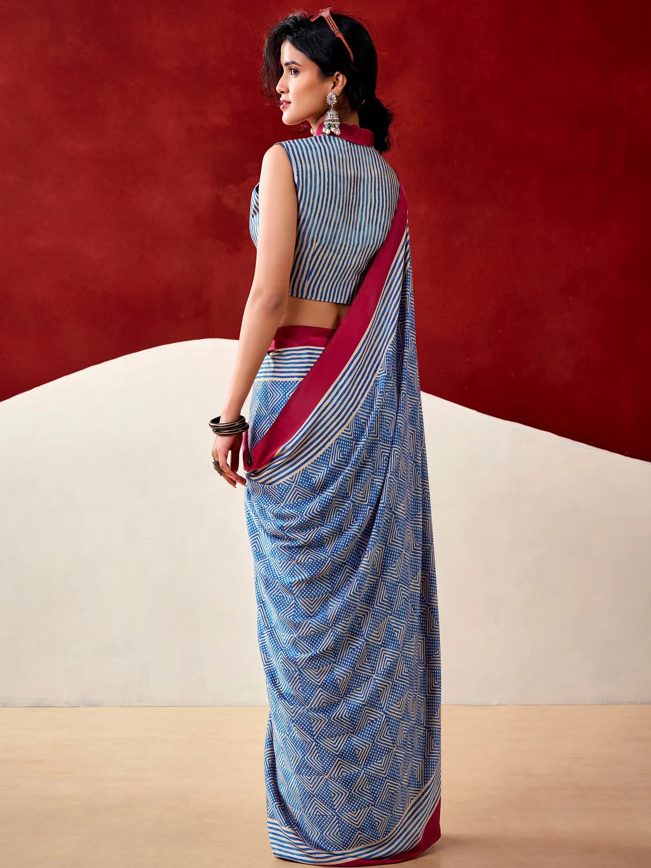 Mesmerizing Blue Digital Printed Satin Office Wear Saree With Blouse