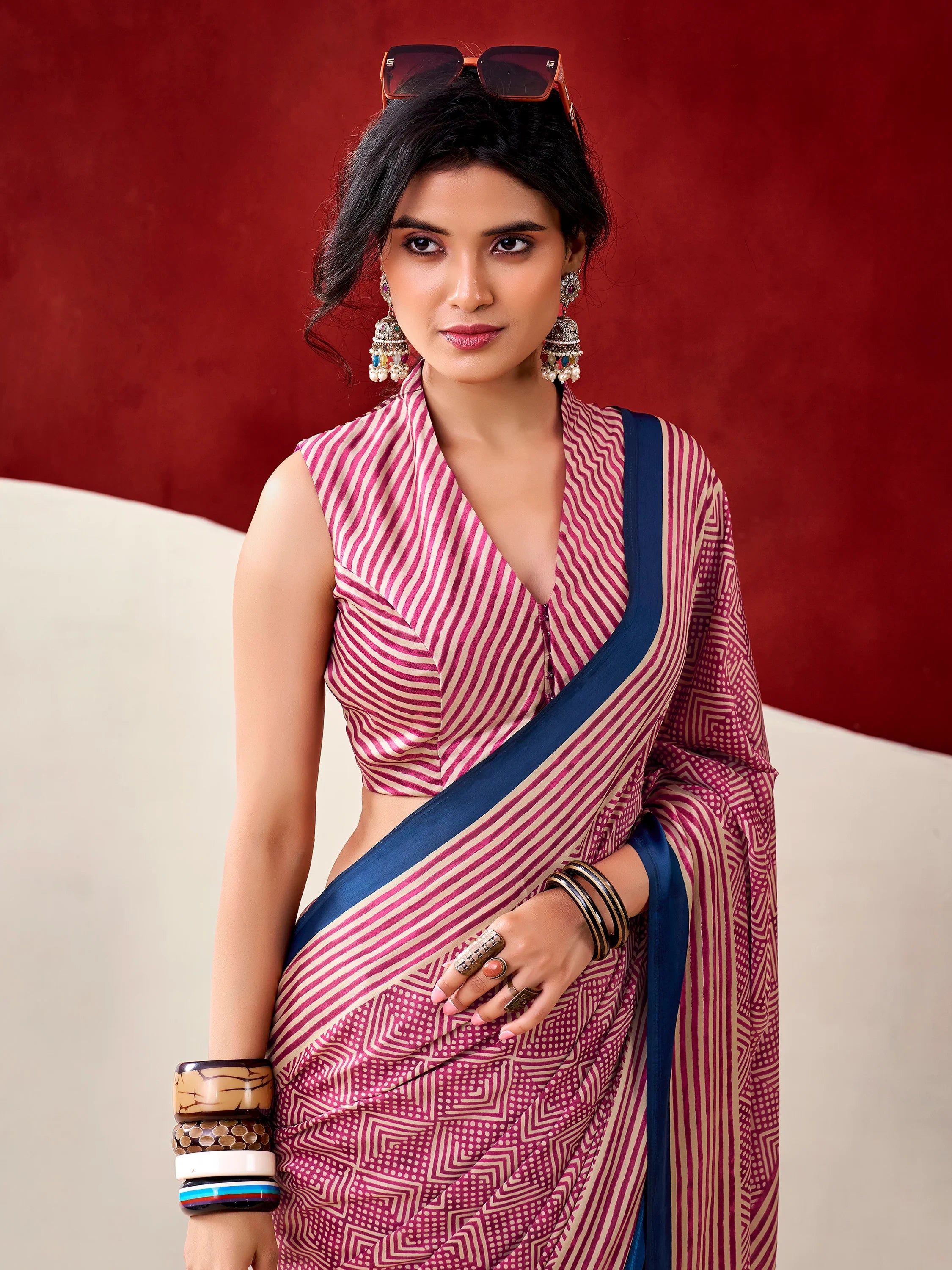 Gorgeous Pink Digital Printed Satin Office Wear Saree With Blouse