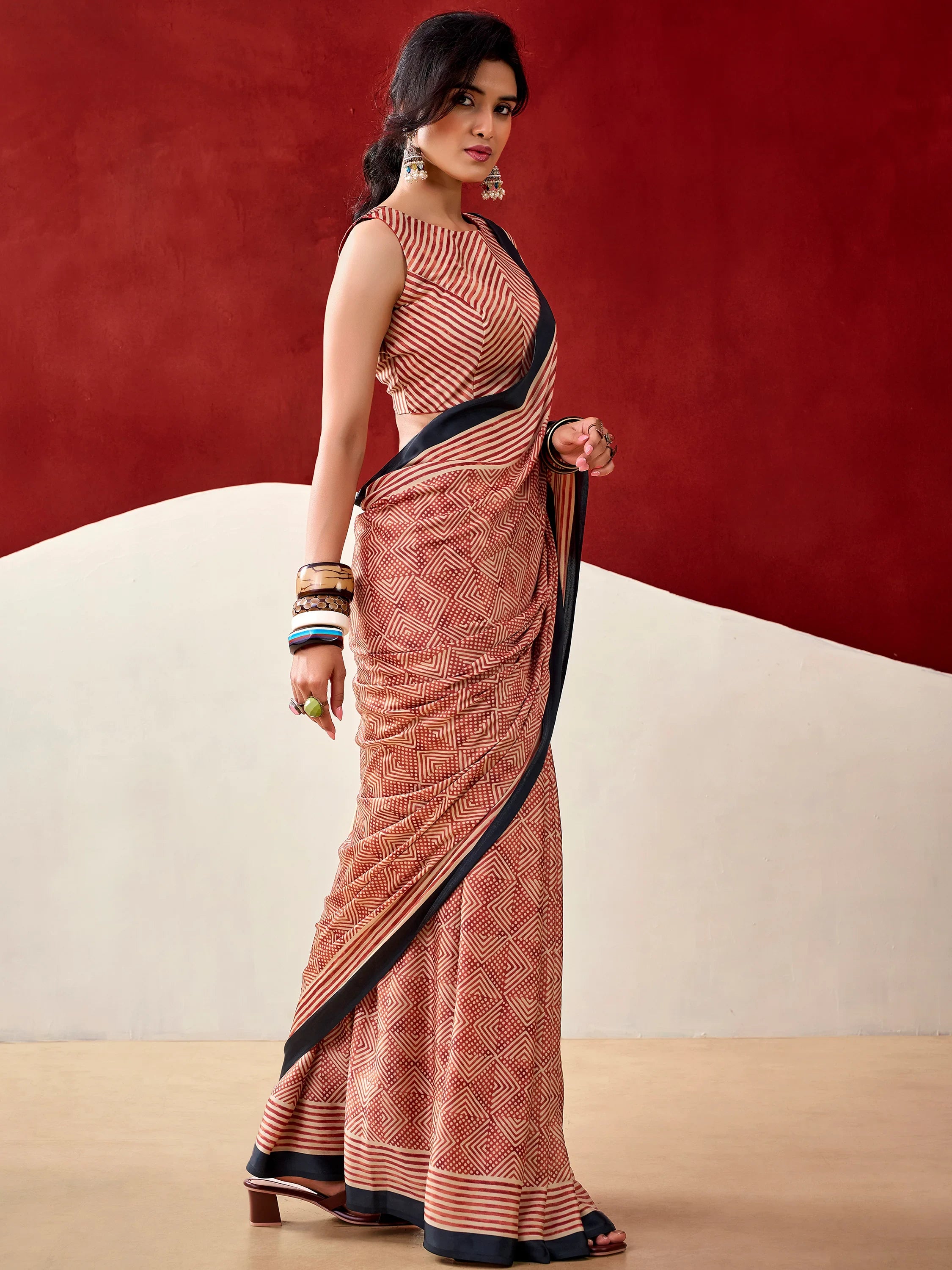 Awesome Rust Orange Digital Printed Satin Traditional Saree With Blouse