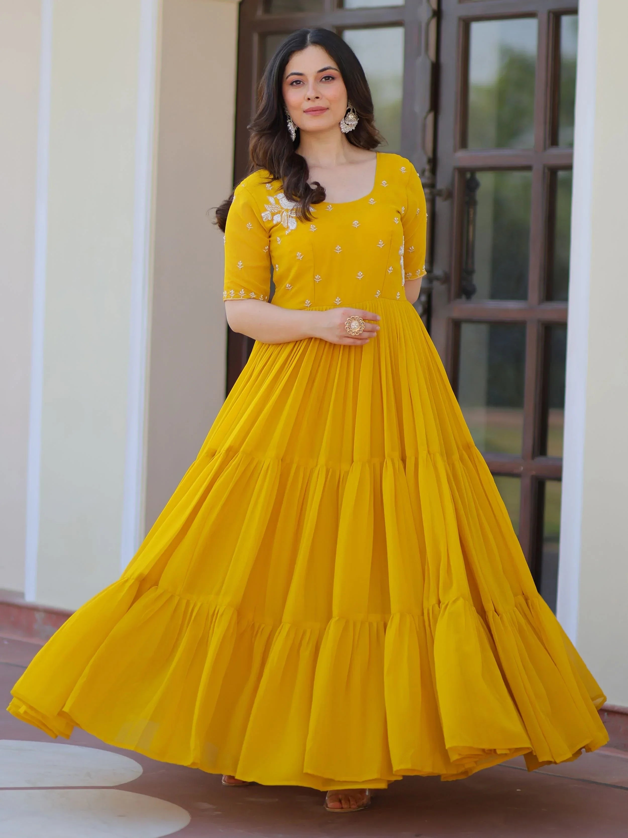 Sweet Yellow Embroidered Georgette Traditional Gown