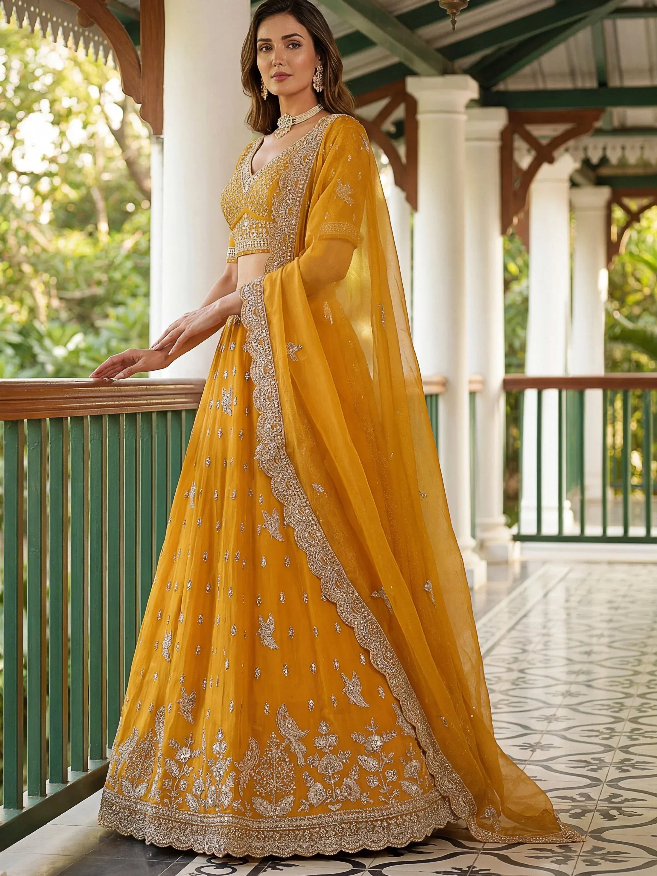 Adoring Mustard Yellow Organza Sequins Haldi Wear Lehenga With Blouse