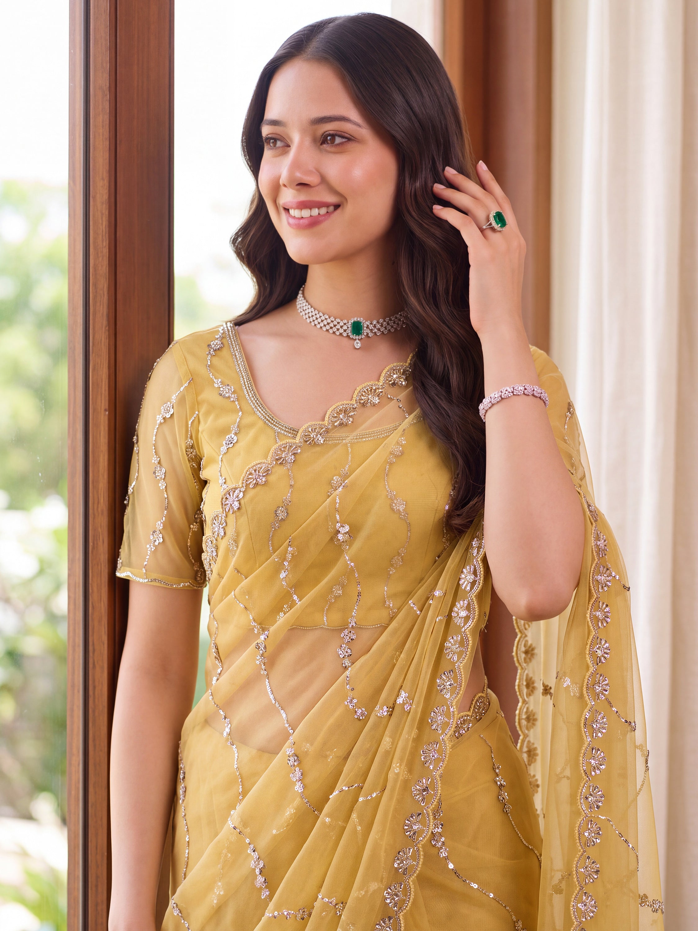 Gorgeous Yellow Bead Embroidered Net Haldi Wear Saree With Blouse