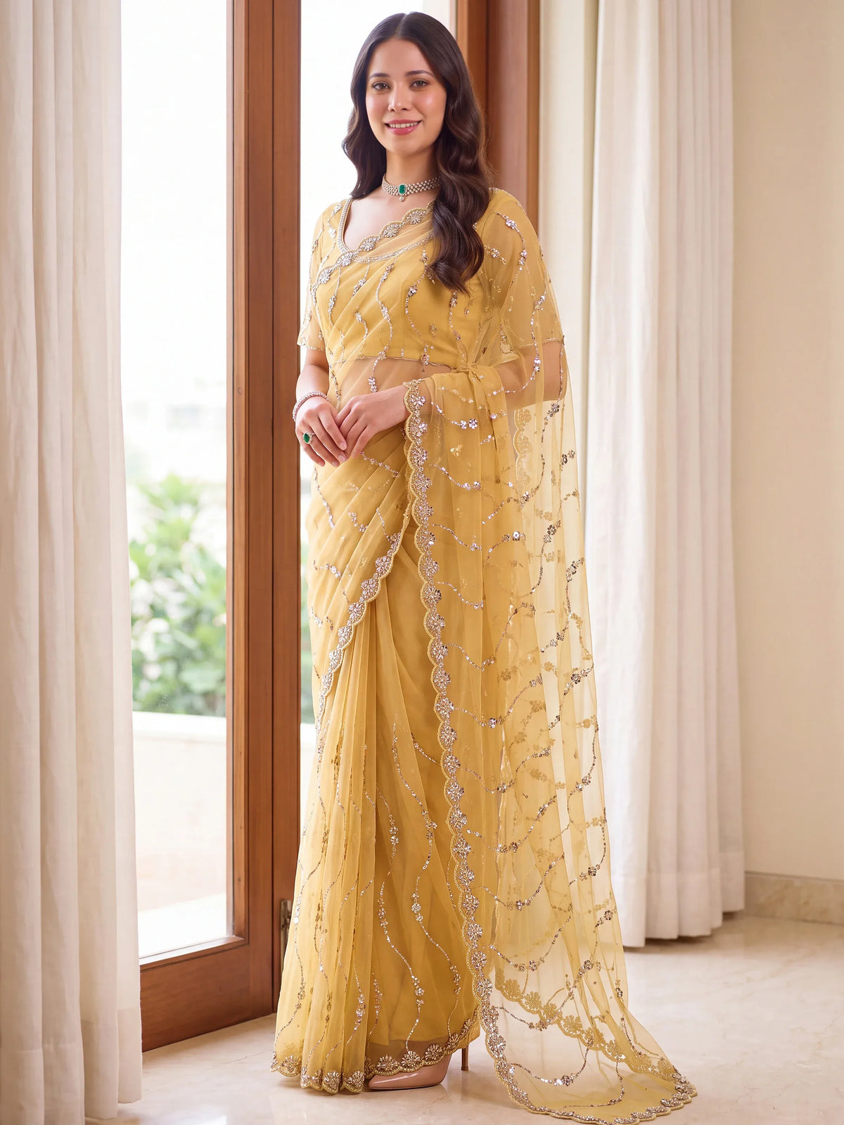 Gorgeous Yellow Bead Embroidered Net Haldi Wear Saree With Blouse