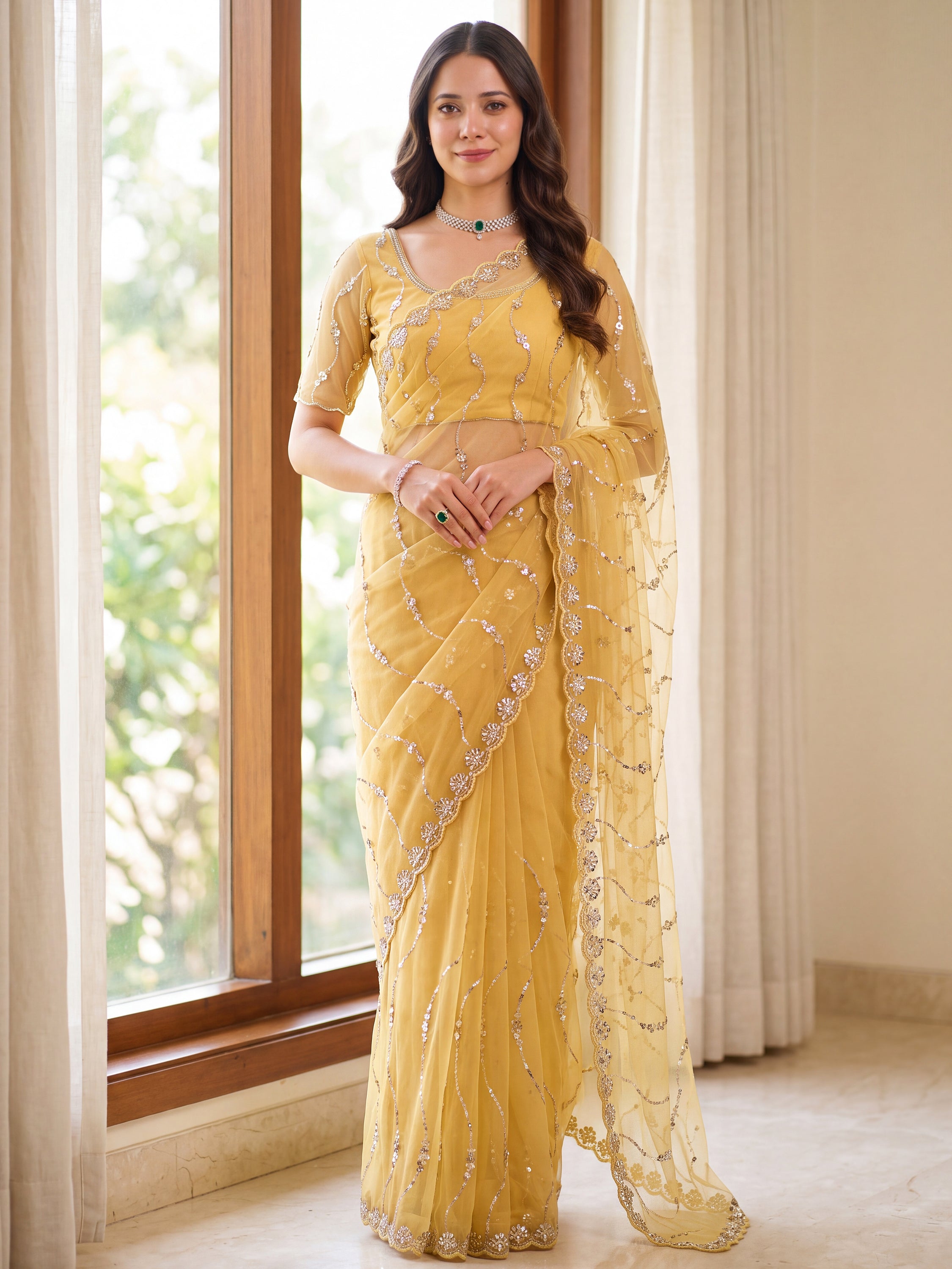 Gorgeous Yellow Bead Embroidered Net Haldi Wear Saree With Blouse