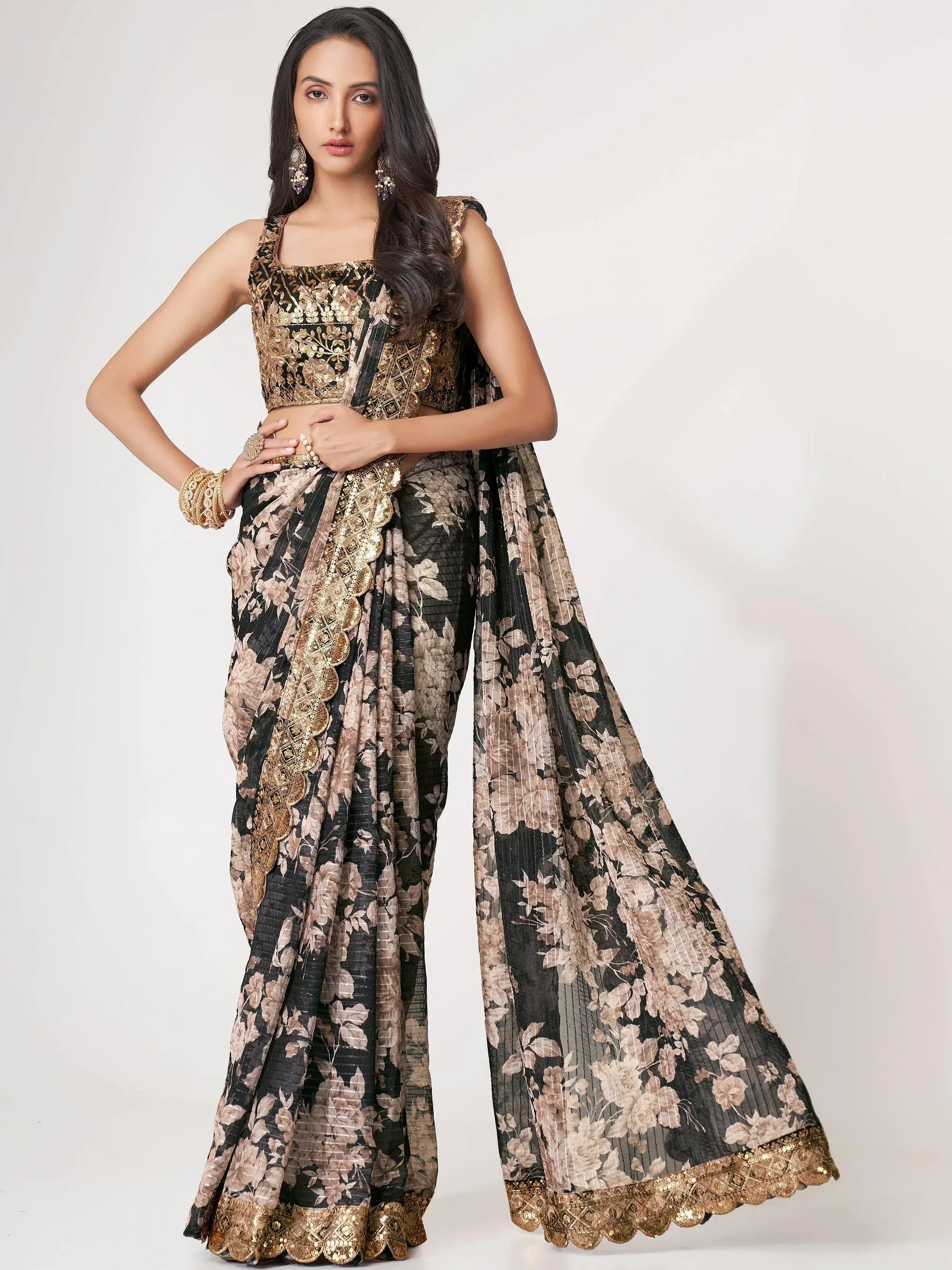Black and gold floral print lehenga choli with sequin embroidery, ethnic Indian wear for women