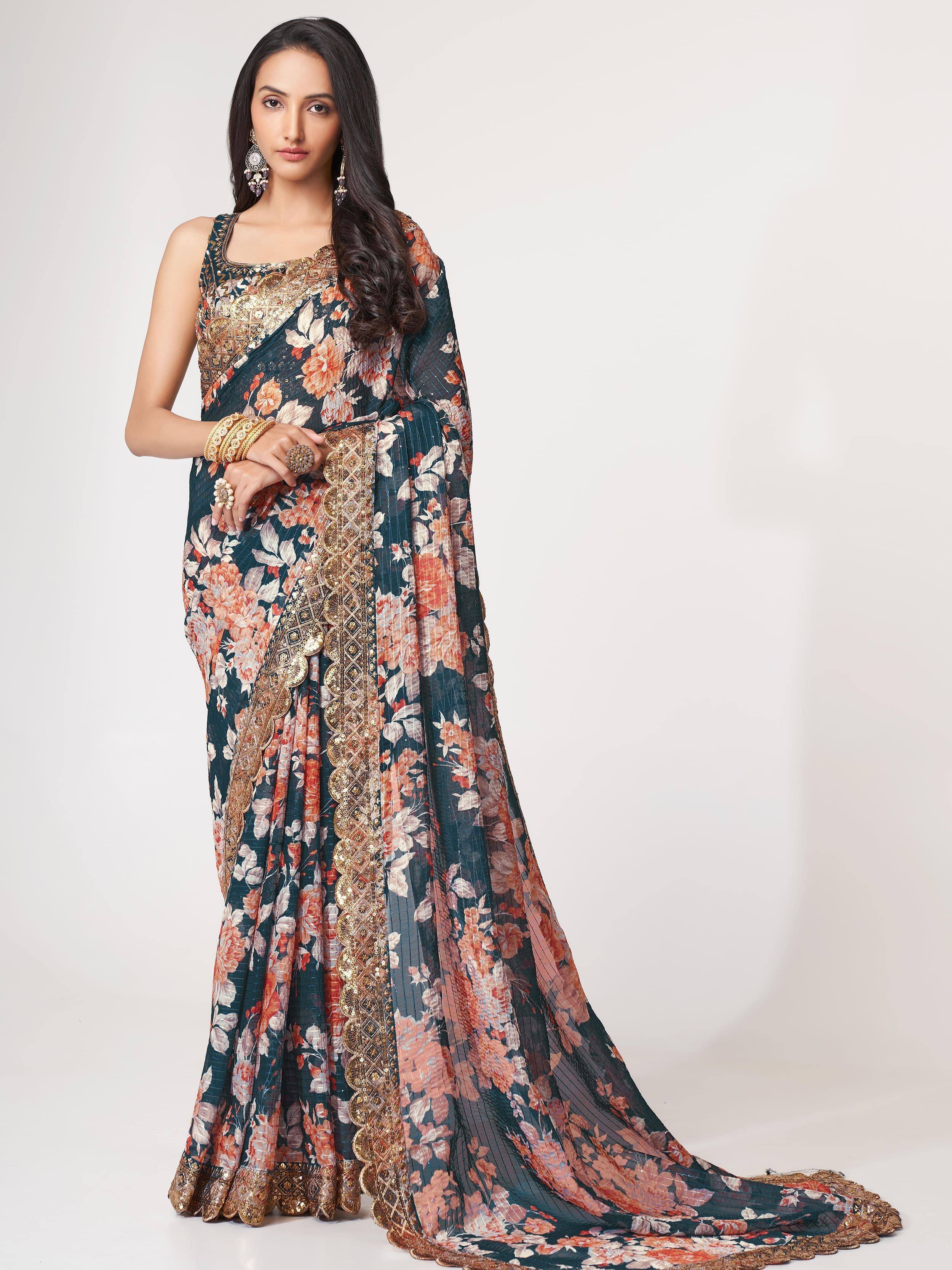Elegant floral saree with gold embroidery, perfect for Indian ethnic wear and festive occasions.